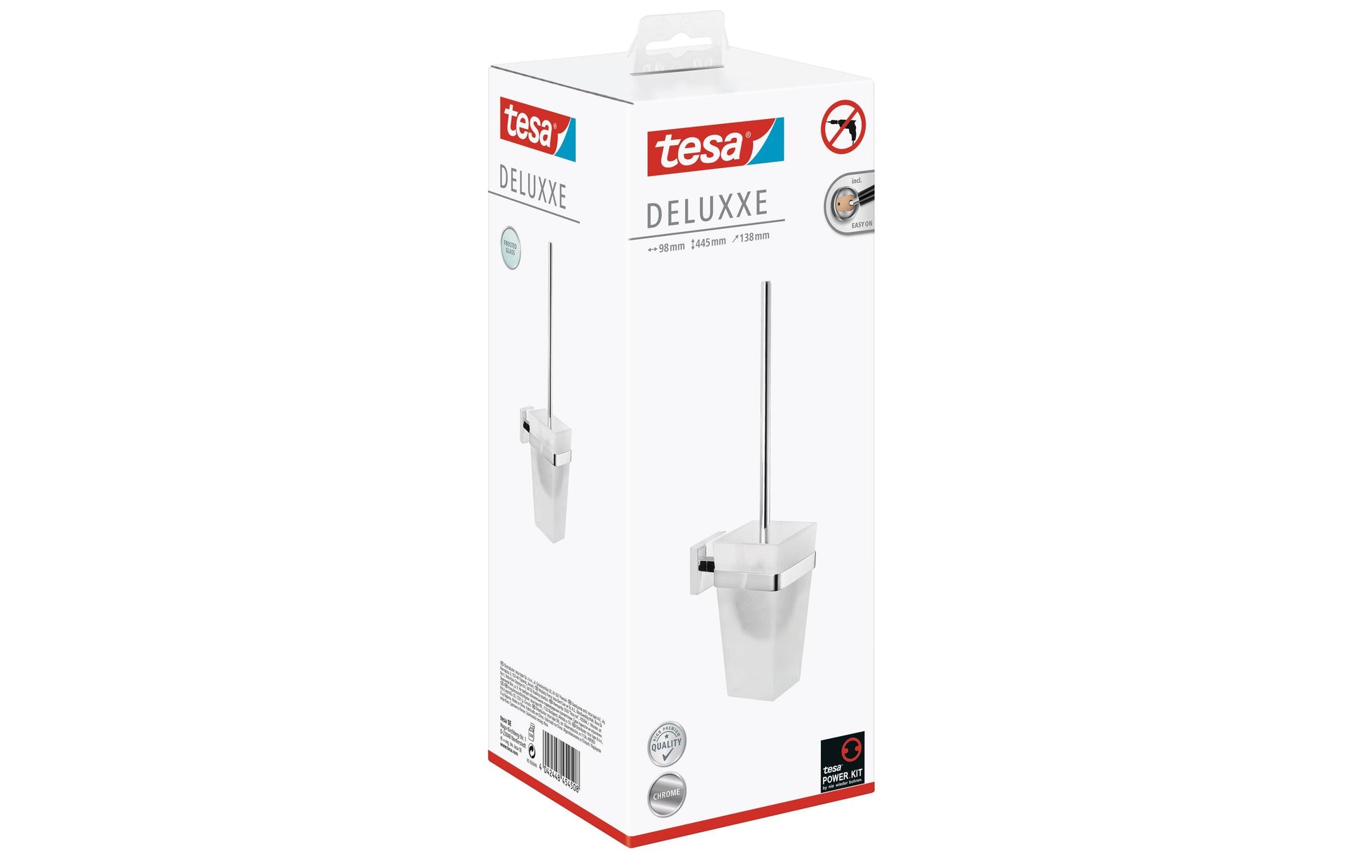 TESA DELUXXE WC-Garnitur – Glas/Chrom, Weiss, Wandmontage, 13,8 × 9,8 × 44,5 cm