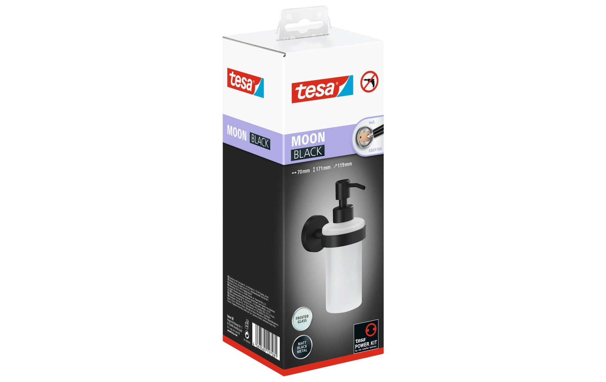 Tesa MOON BLACK Manueller Seifenspender – Wandmontage – 200 ml, schwarz, Glas, Metall