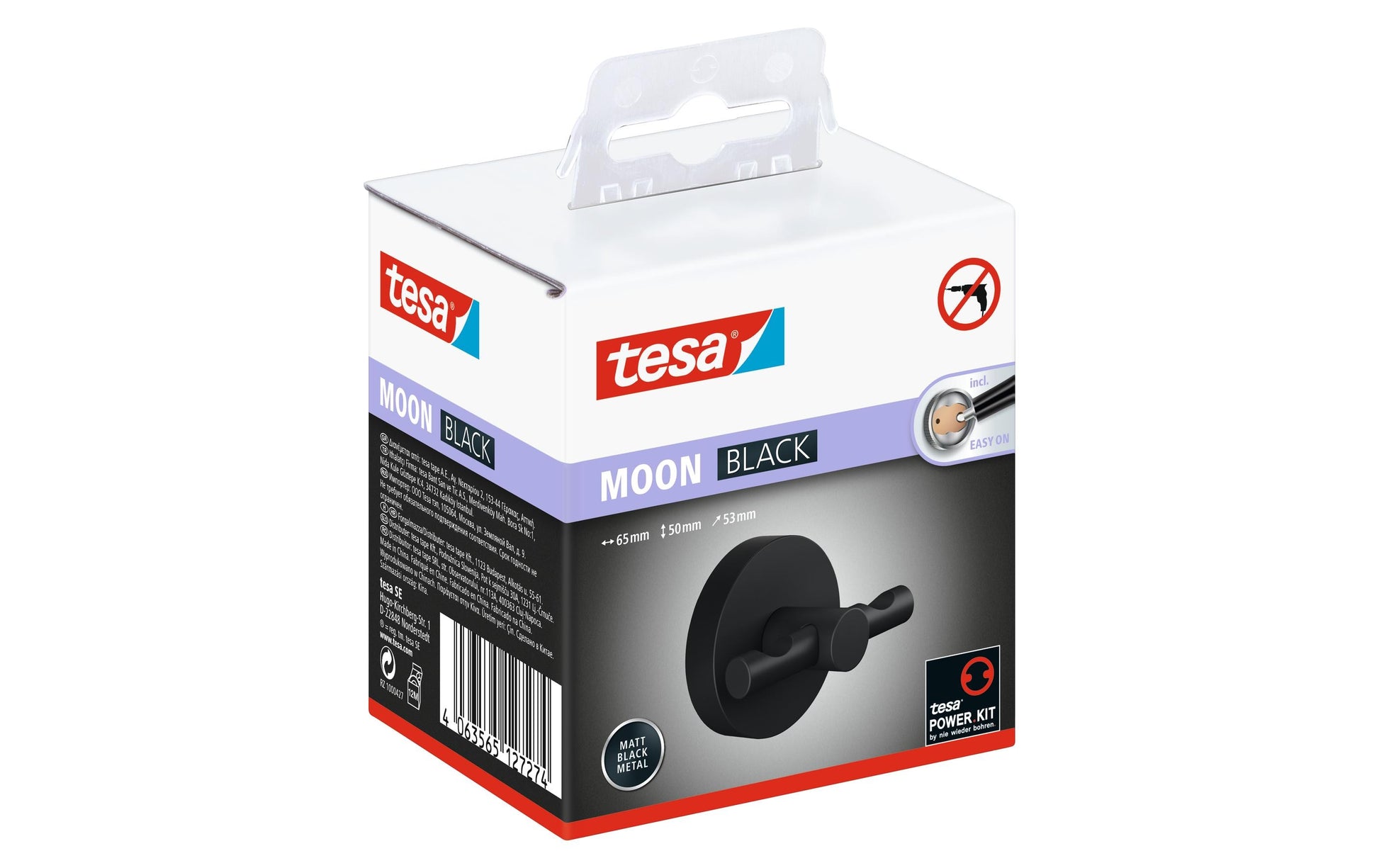 TESA Haken MOON BLACK – 6,5×5×5,3 cm, Metall, Wandmontiert, Schwarz matt