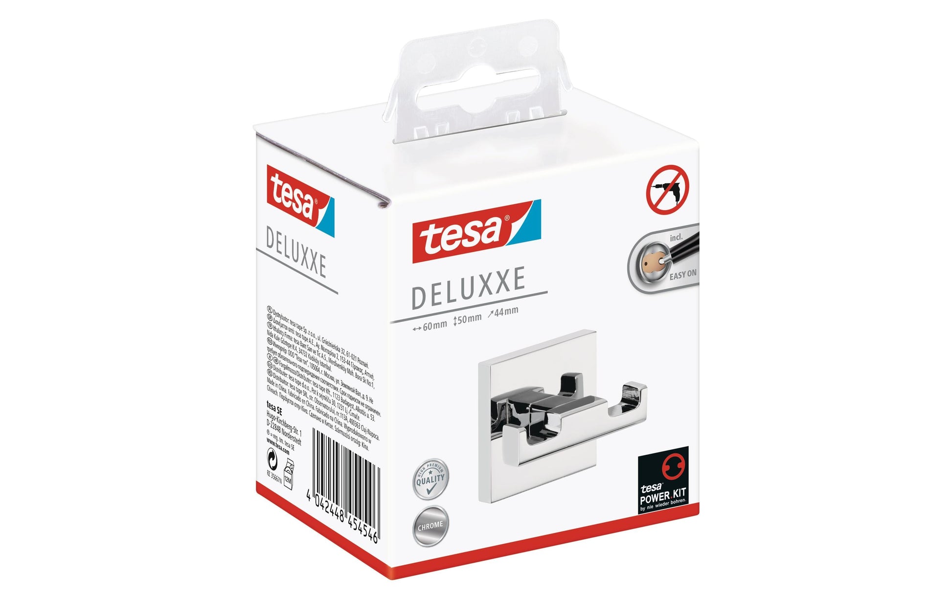 TESA DELUXXE Doppelhaken – Metall, Chrom, 6 kg, Wandmontiert, 6×4,4×5 cm
