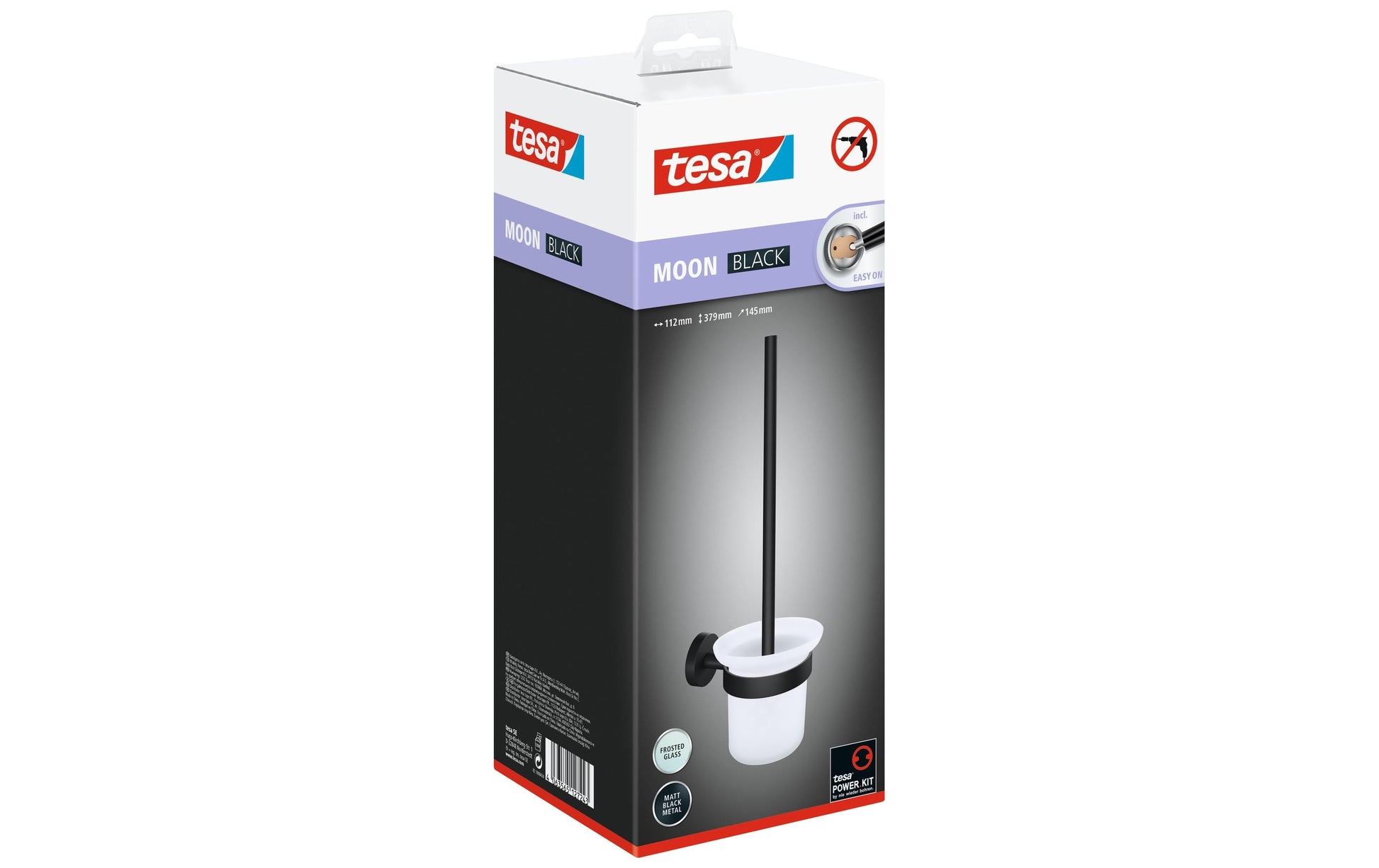 TESA WC-Bürstenset – Metall, Glas, Schwarz, Wandmontiert, Klebend, Kopf Austauschbar, H 37,9 cm