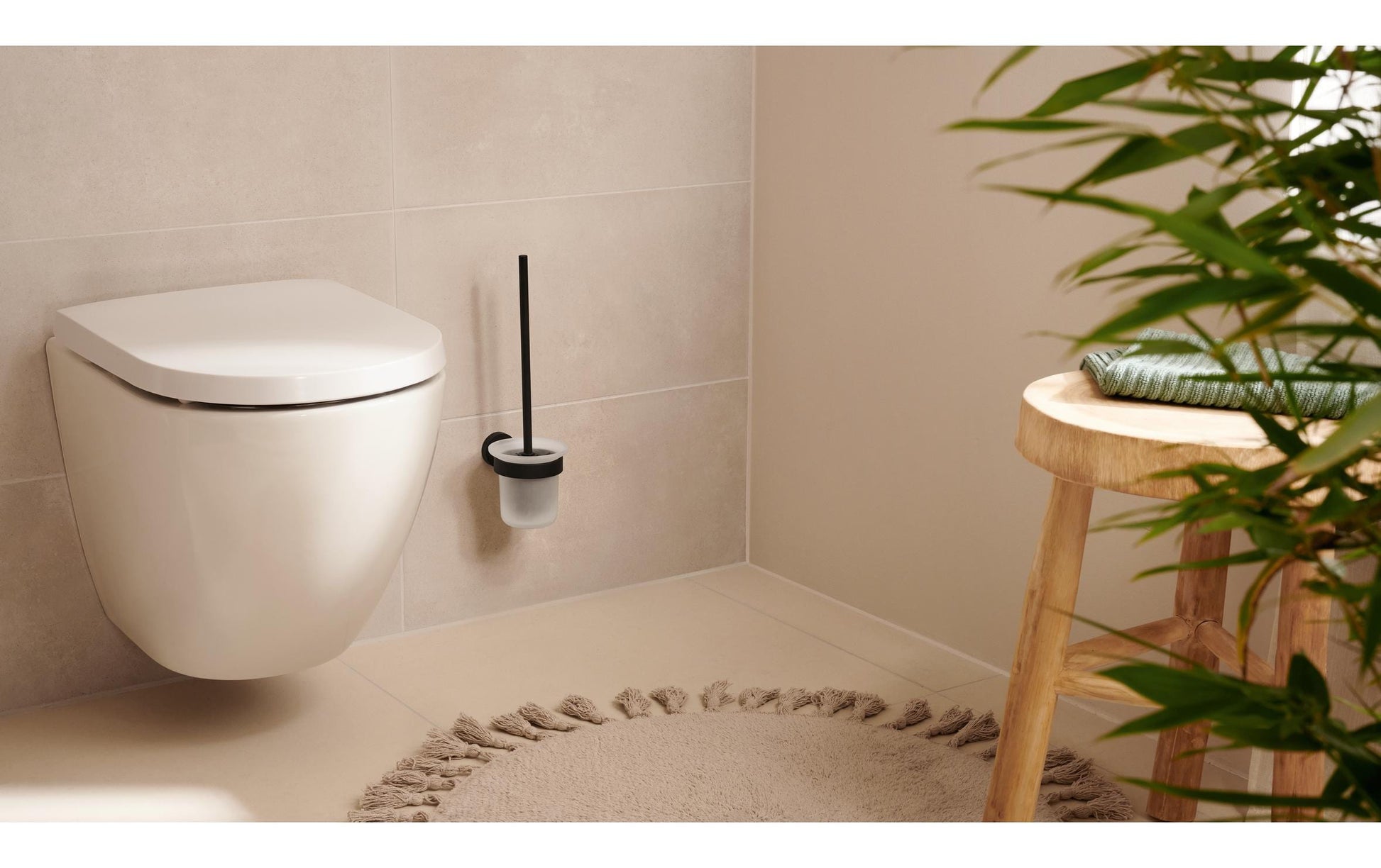 TESA WC-Bürstenset – Metall, Glas, Schwarz, Wandmontiert, Klebend, Kopf Austauschbar, H 37,9 cm