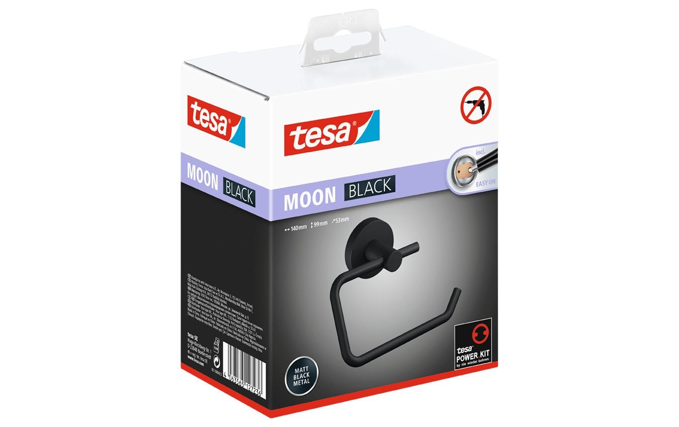 TESA MOON BLACK – Toilettenpapierhalter – Stahl matt, schwarz, wandmontiert, klebend, 14 × 5,3 × 9,9 cm