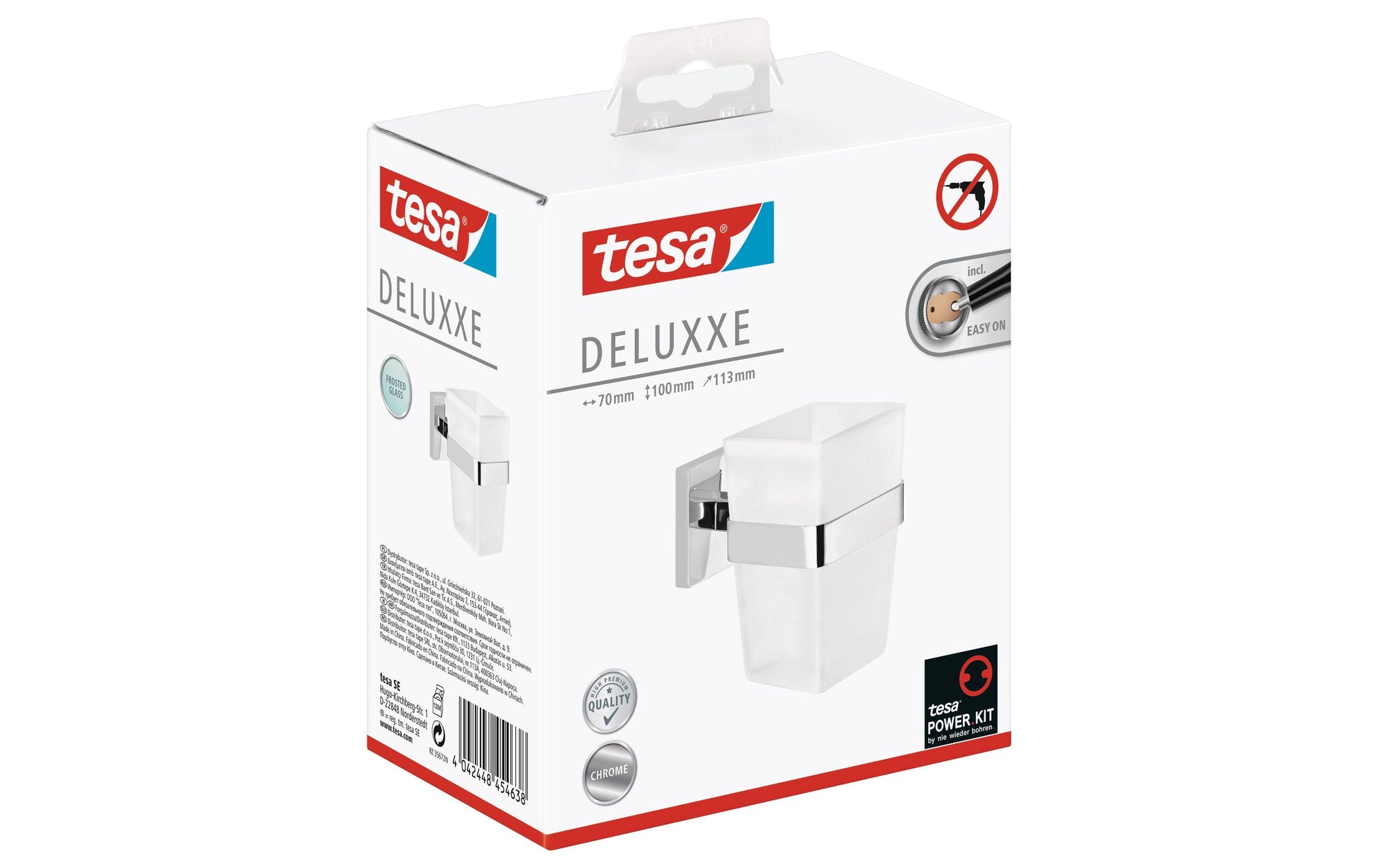 TESA DELUXXE Zahnputzbecher – Wandmontage – 7 cm Breite – Chrom/Weiss – Glas/Metall