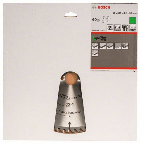 Bosch Professionelles Optiline Wood Kreissägeblatt 250 × 30 × 3,2 mm, 60 Zähne – für Holz – 1 Stück