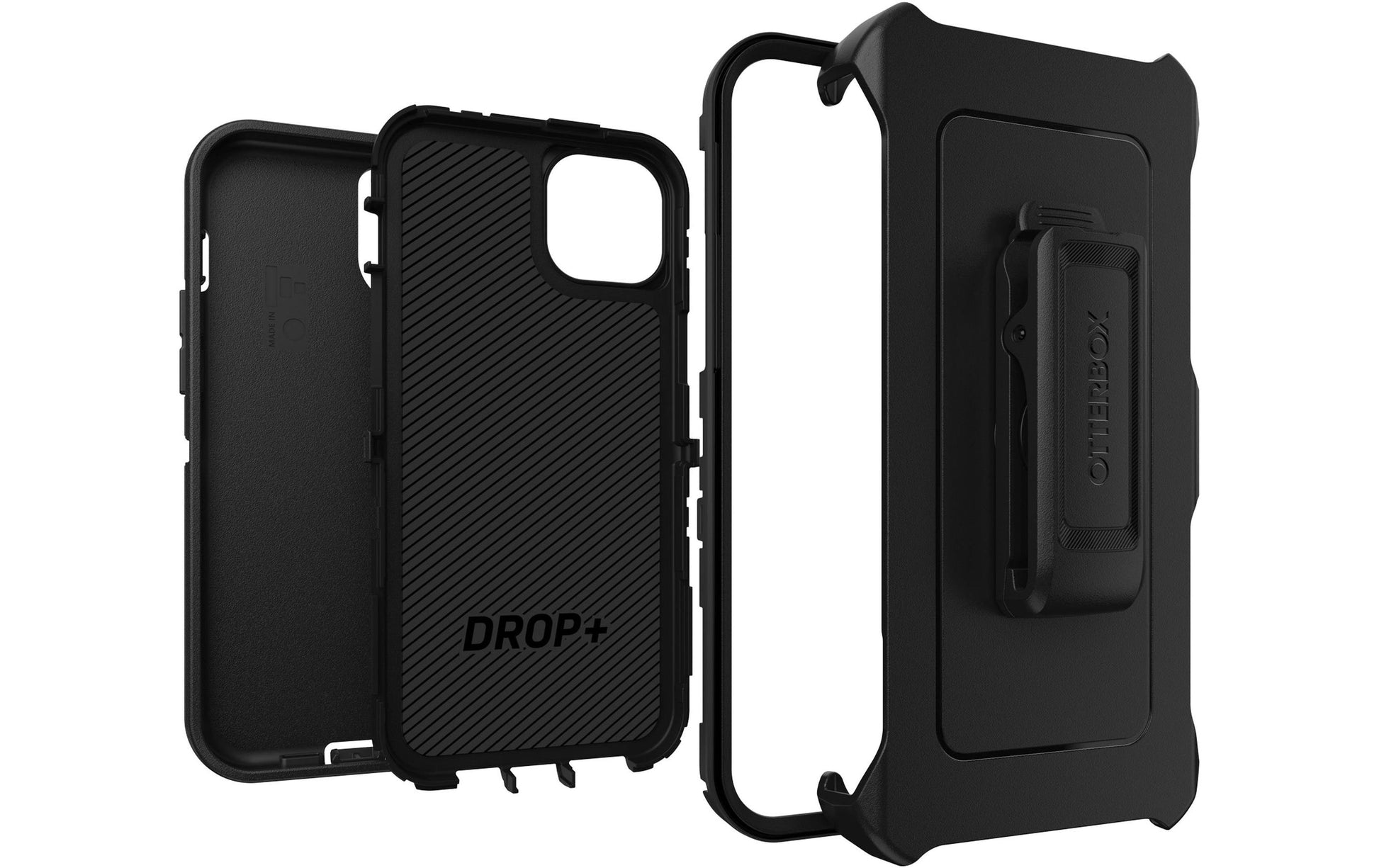 OtterBox Defender Rugged-Case – für Apple iPhone 15 Plus, Gummi, Schwarz, mit Gurtclip