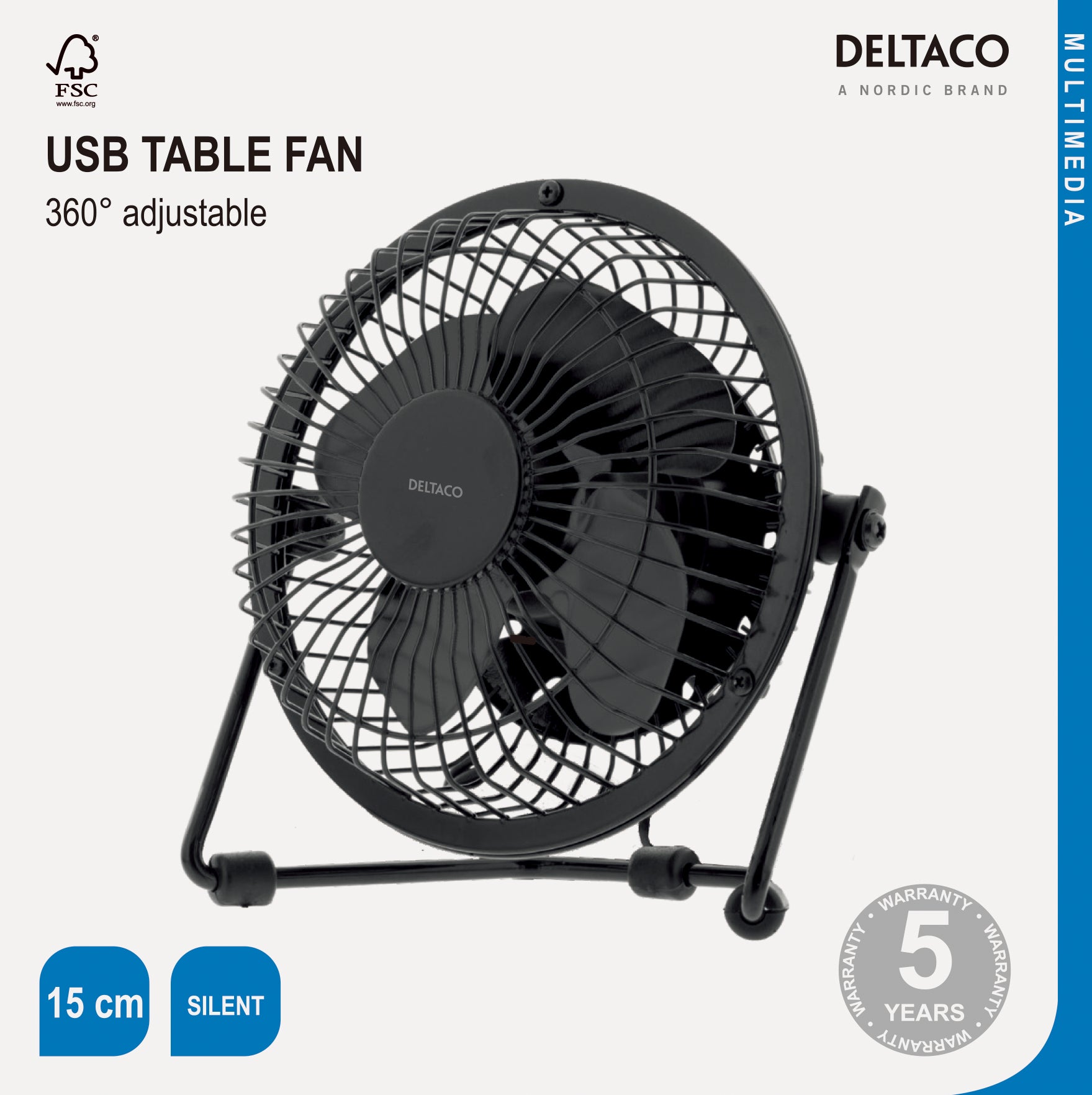Deltaco USB-Tischventilator FT-750 – 10 cm, 2,5 W, Schwarz