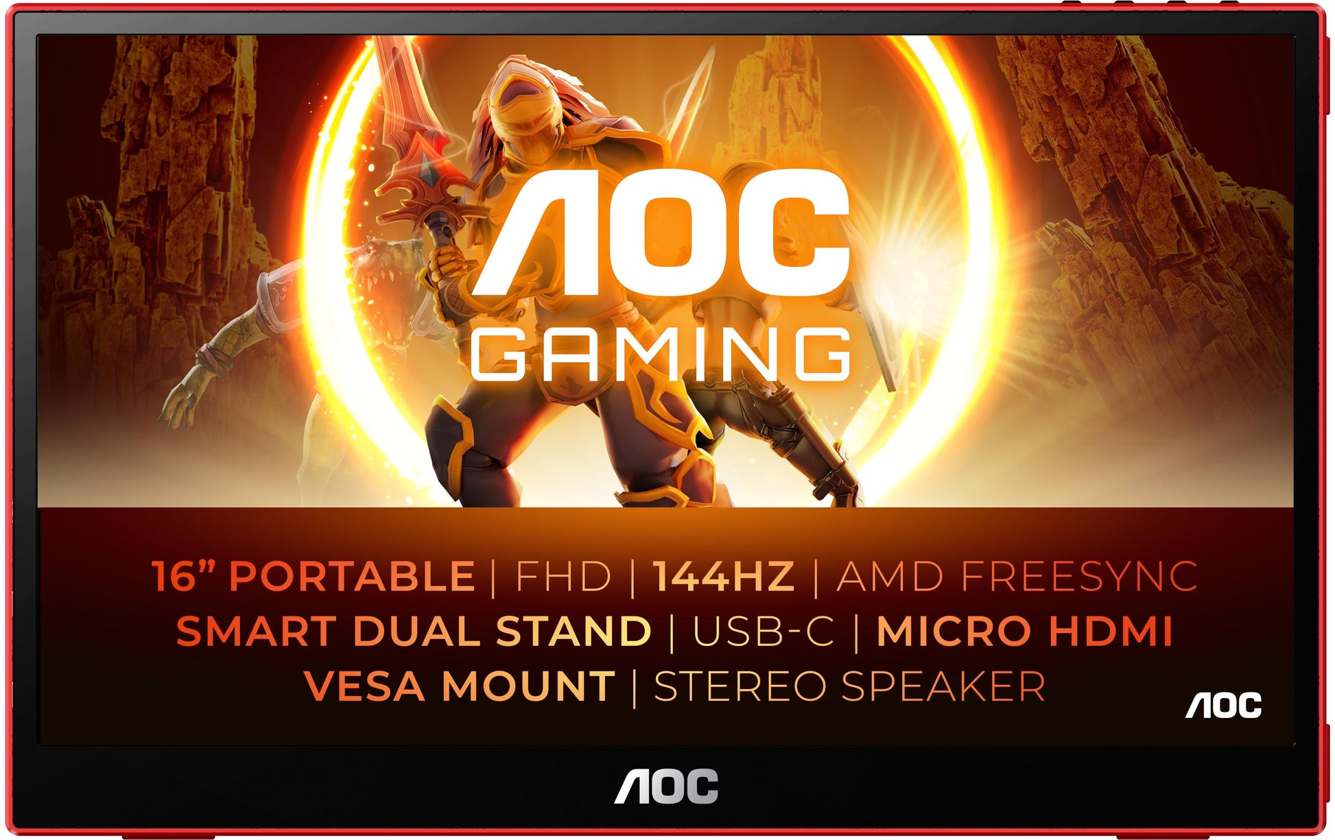 AOC 16G3 – Tragbarer Monitor, 15,6", IPS, 144 Hz, 250 cd/m², USB-C, FreeSync, VESA 50 × 50, Rot