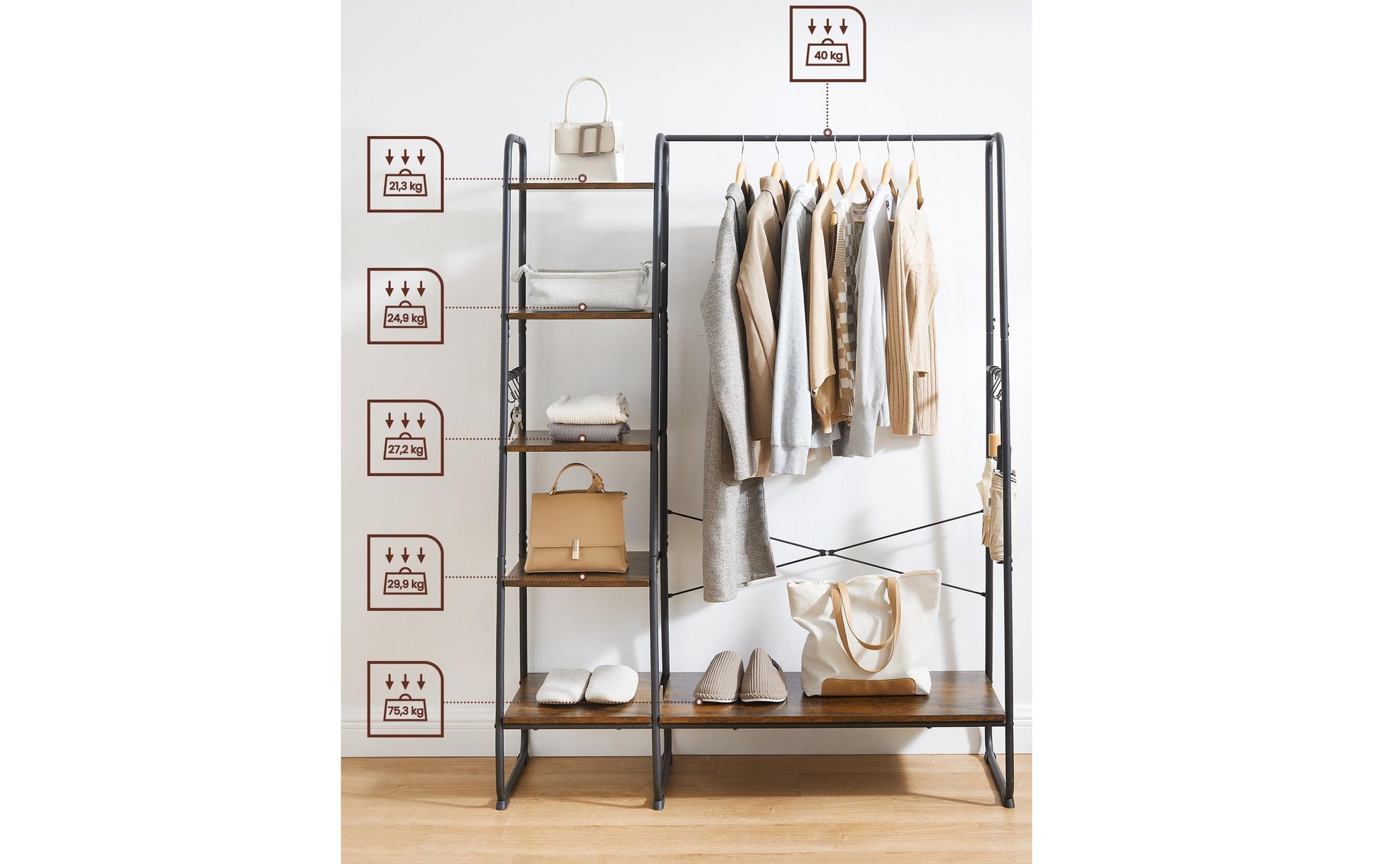 Vasagle Kleiderständer – 5 Ebenen, Stahl/Spanplatte, Schwarz/Braun, 120 × 45 × 160 cm, Traglast 220 kg