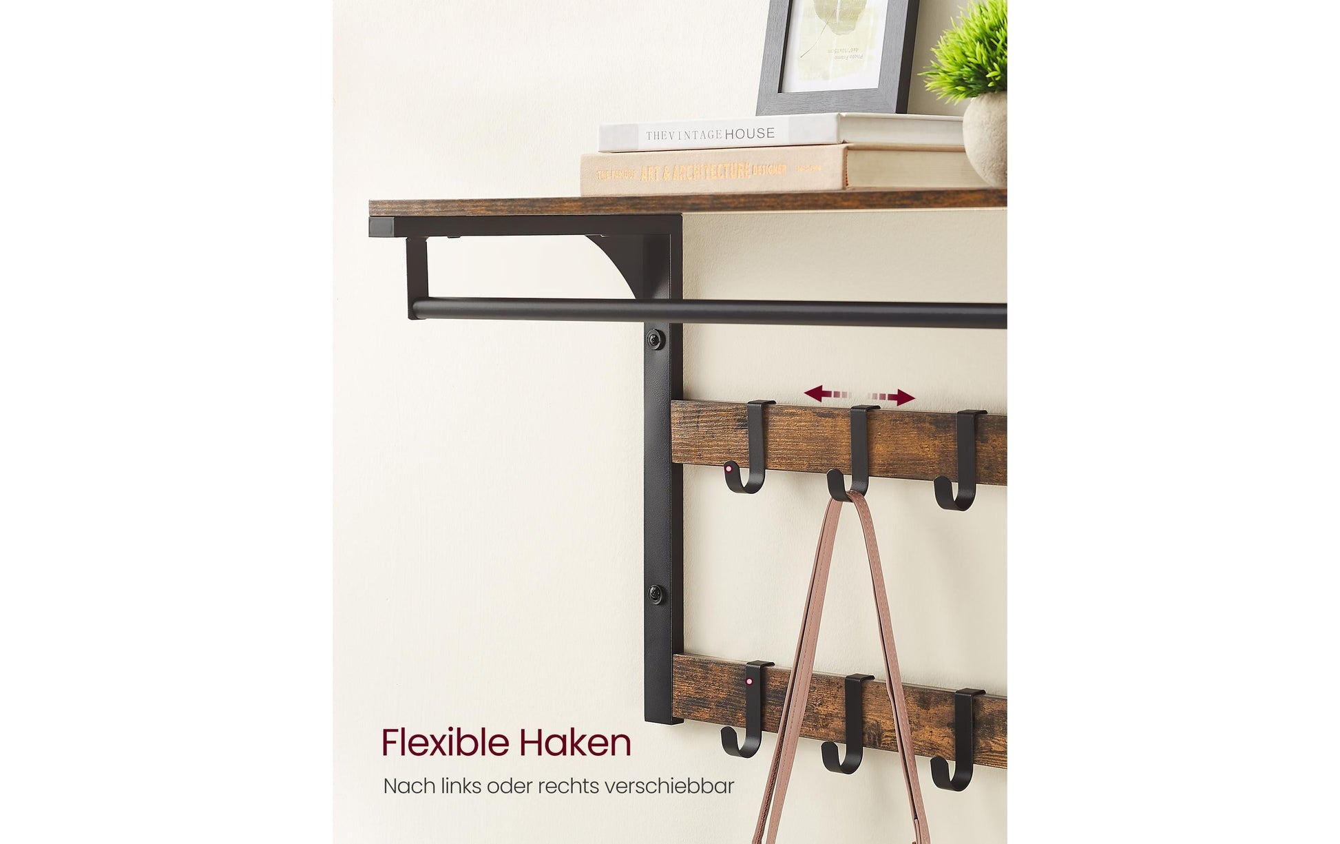 Vasagle Wandgarderobe – 10 Haken, mit Ablage, Stahl/Spanplatte, Braun/Schwarz, 65 × 30 × 42 cm