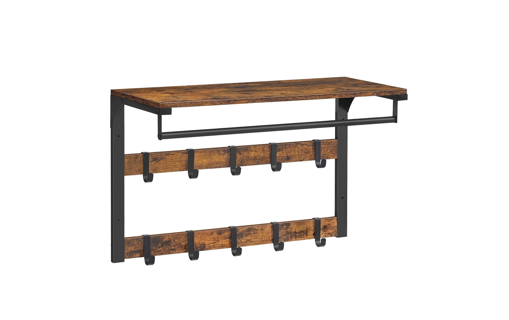 Vasagle Wandgarderobe – 10 Haken, mit Ablage, Stahl/Spanplatte, Braun/Schwarz, 65 × 30 × 42 cm