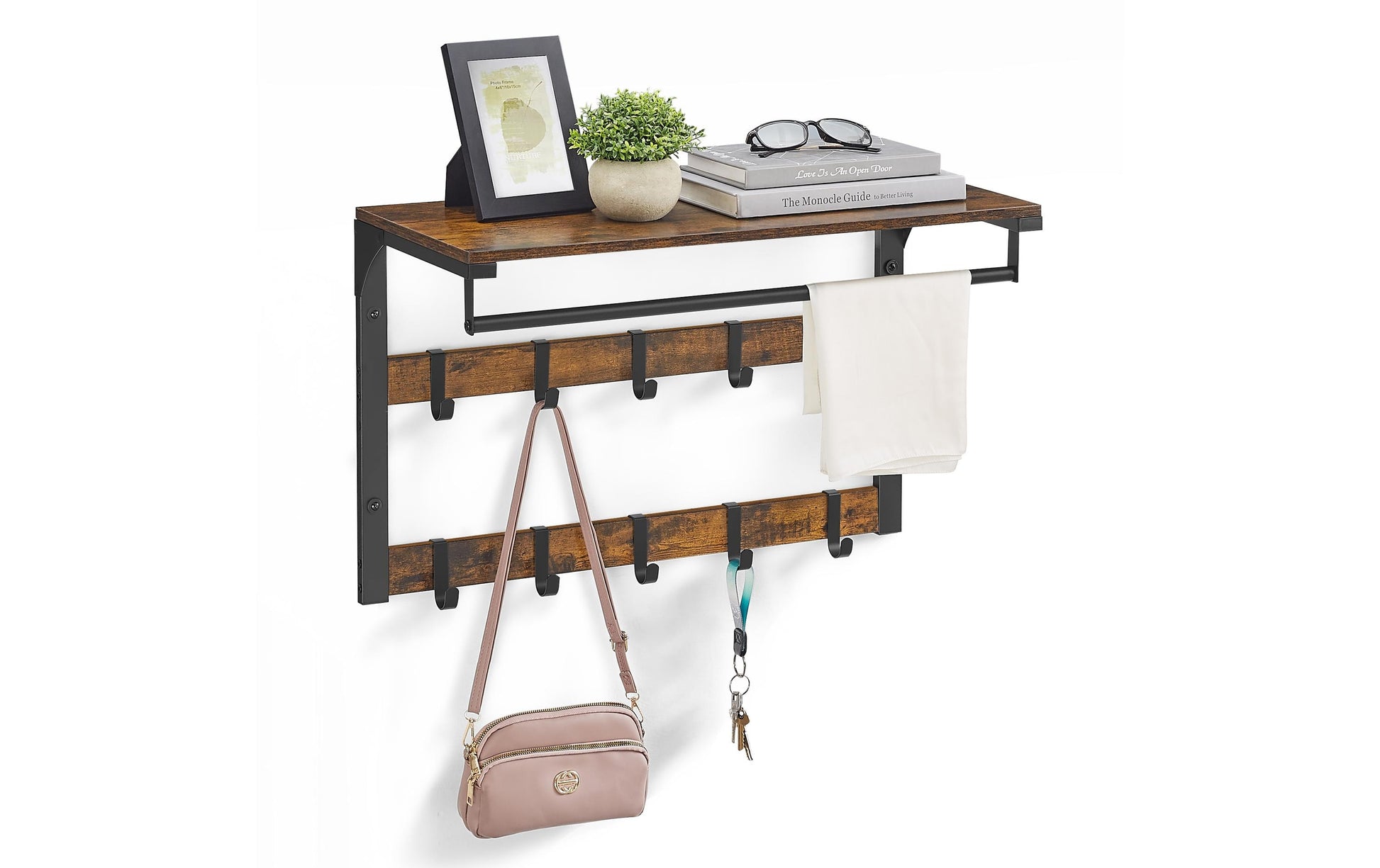 Vasagle Wandgarderobe – 10 Haken, mit Ablage, Stahl/Spanplatte, Braun/Schwarz, 65 × 30 × 42 cm