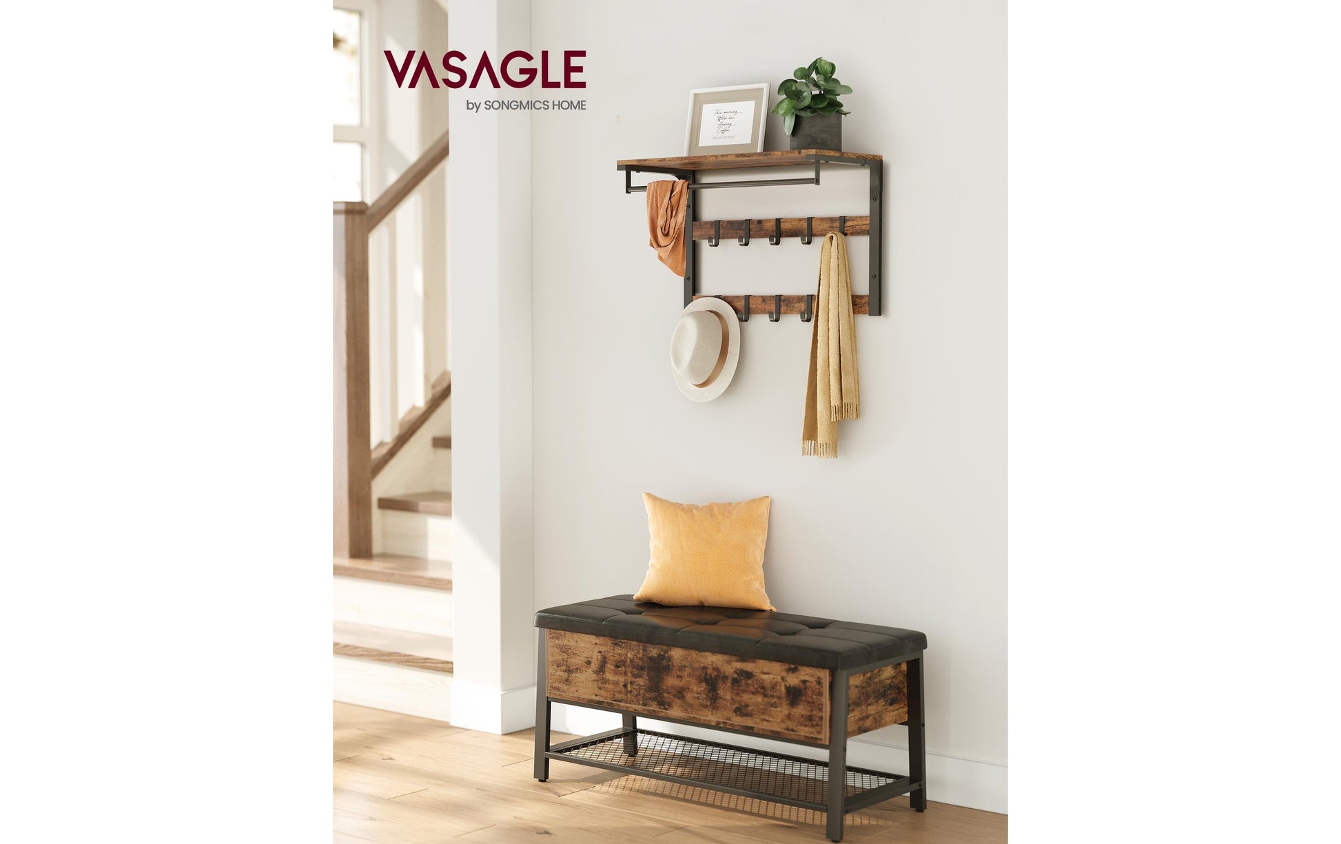 Vasagle Wandgarderobe – 10 Haken, mit Ablage, Stahl/Spanplatte, Braun/Schwarz, 65 × 30 × 42 cm