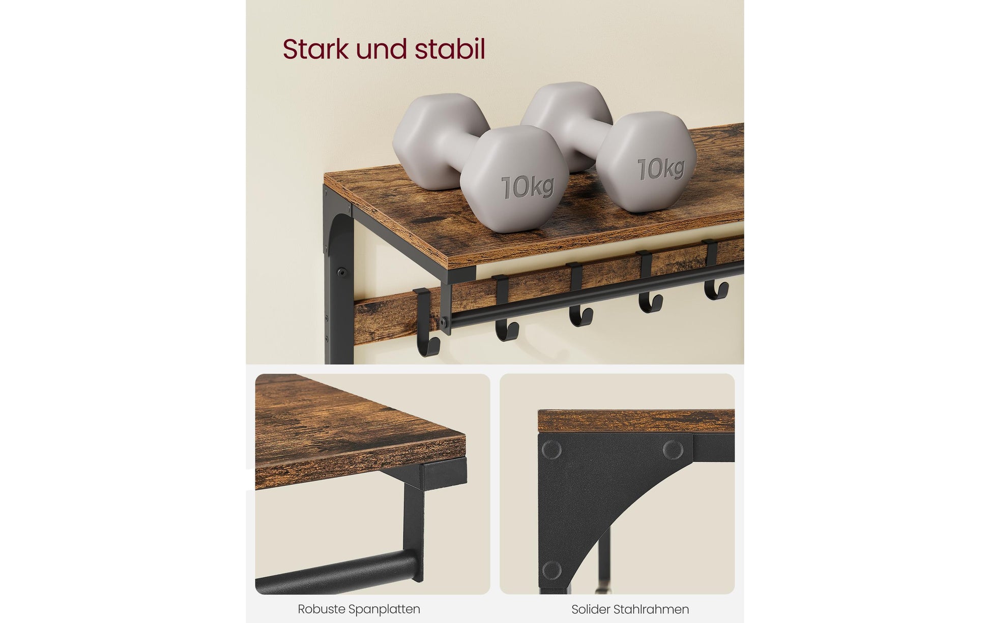 Vasagle Wandgarderobe – 10 Haken, mit Ablage, Stahl/Spanplatte, Braun/Schwarz, 65 × 30 × 42 cm