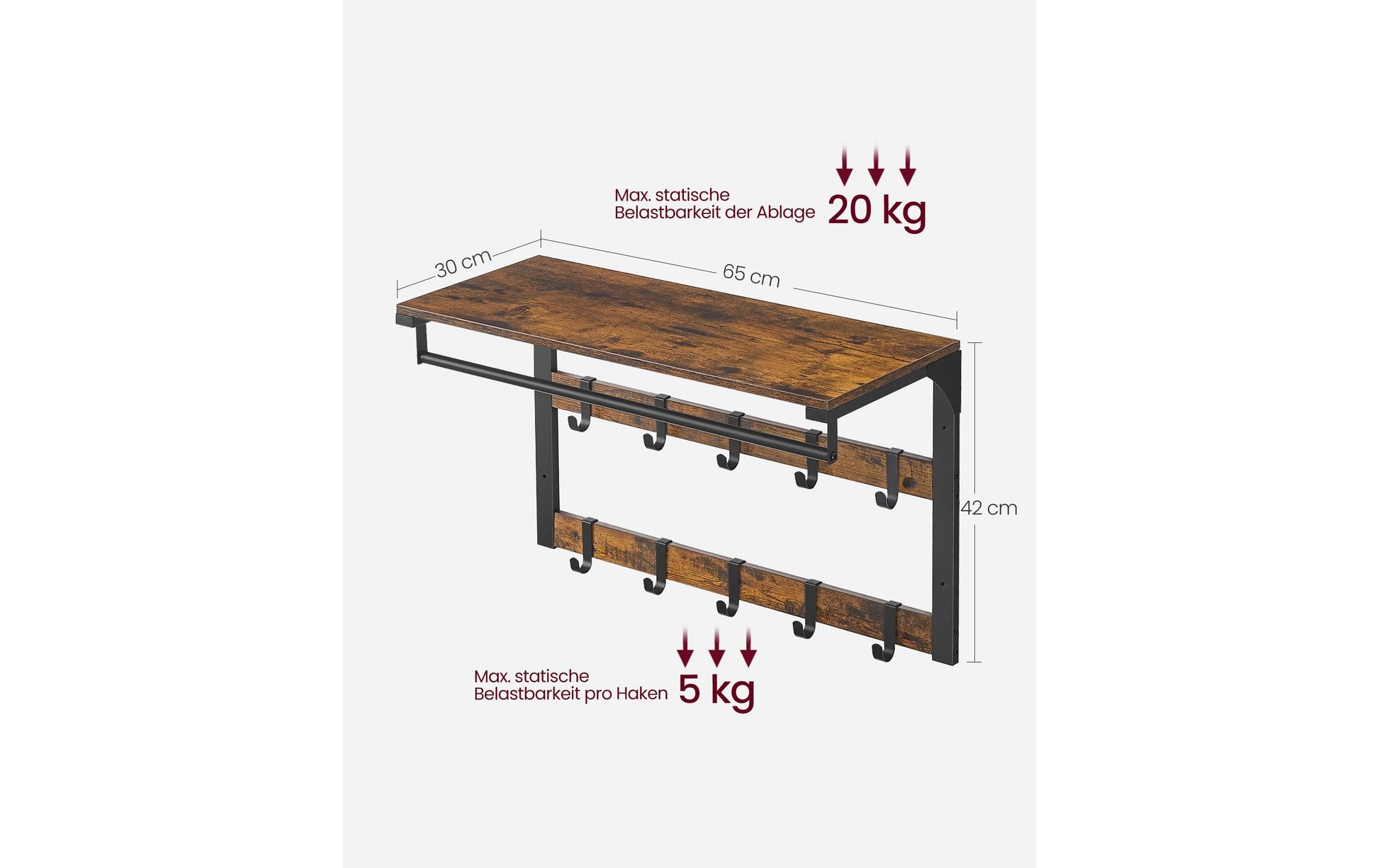 Vasagle Wandgarderobe – 10 Haken, mit Ablage, Stahl/Spanplatte, Braun/Schwarz, 65 × 30 × 42 cm