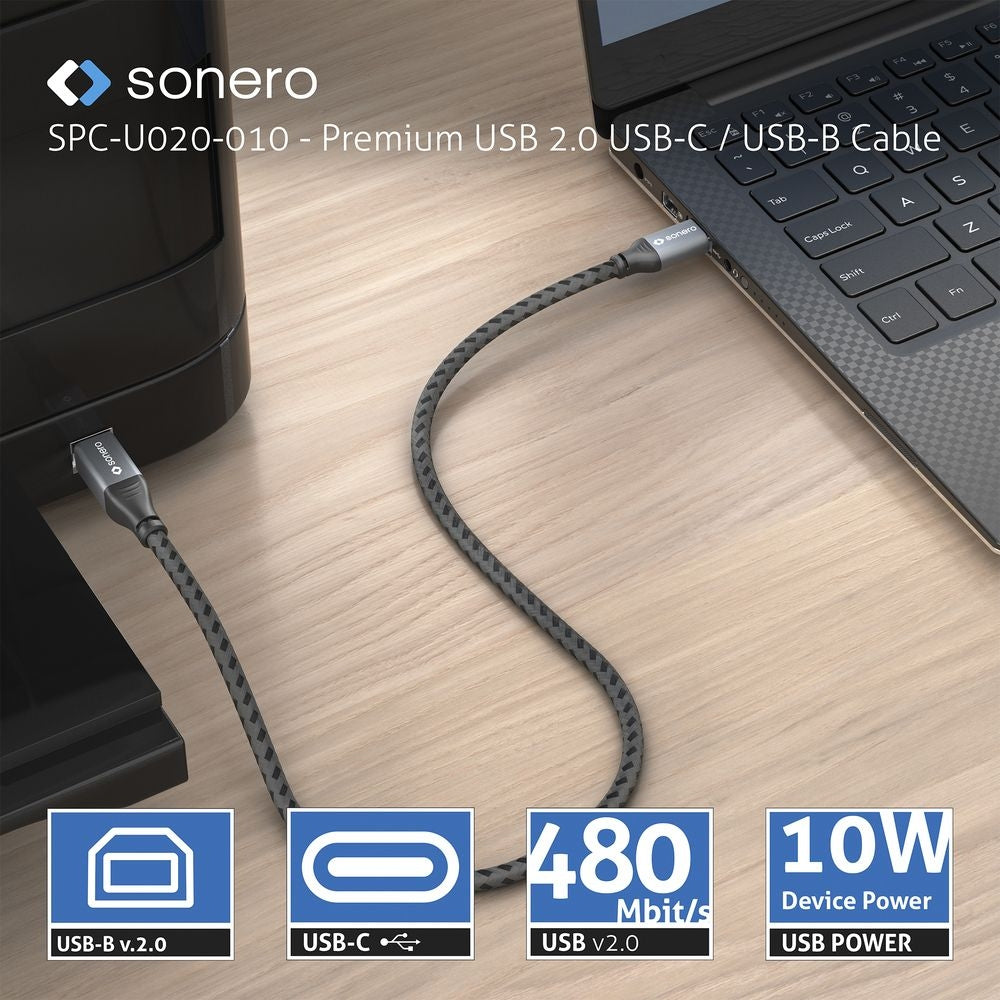 Sonero – USB-C auf USB-B Kabel – USB 2.0 (480 Mbit/s) – 3 m – Geflochten – Schwarz/Grau