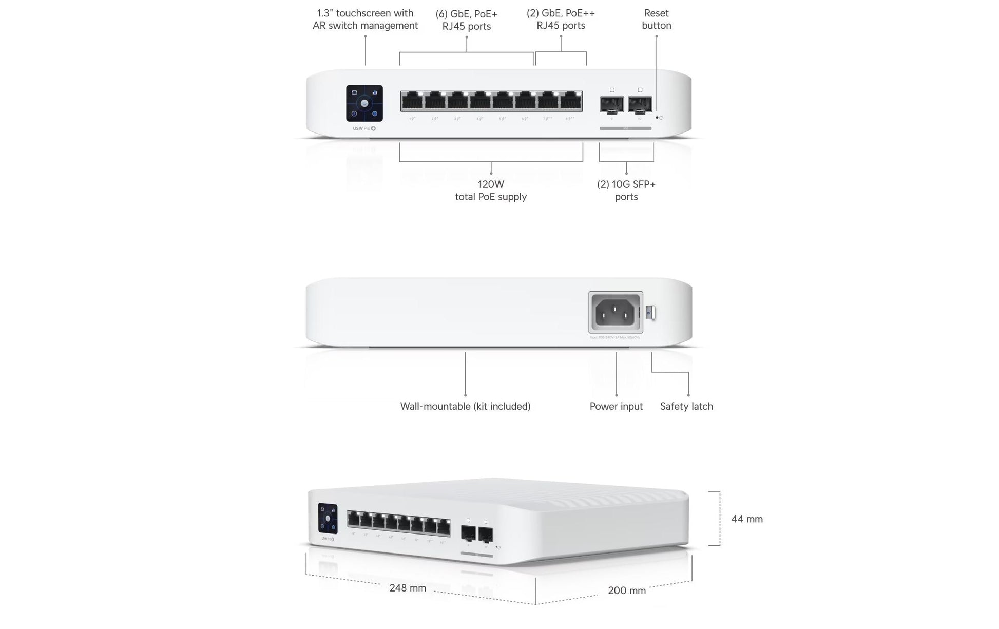 Ubiquiti UniFi USW-PRO-8-POE – Managed Switch – 8×GbE, 2×SFP+, L2/L3, PoE++ 120 W, 1U