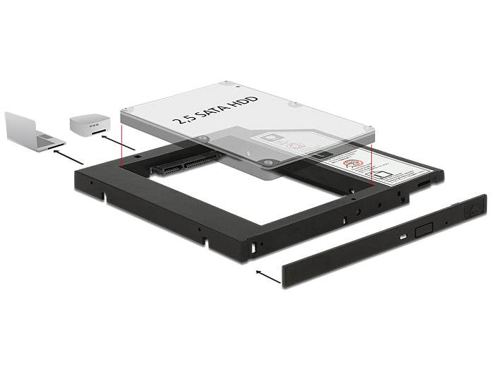 Delock 62669 Einbaurahmen 1× 2,5" in Slim-5,25", SATA mit Strom, Slim-SATA – für Slim-5,25", Schwarz