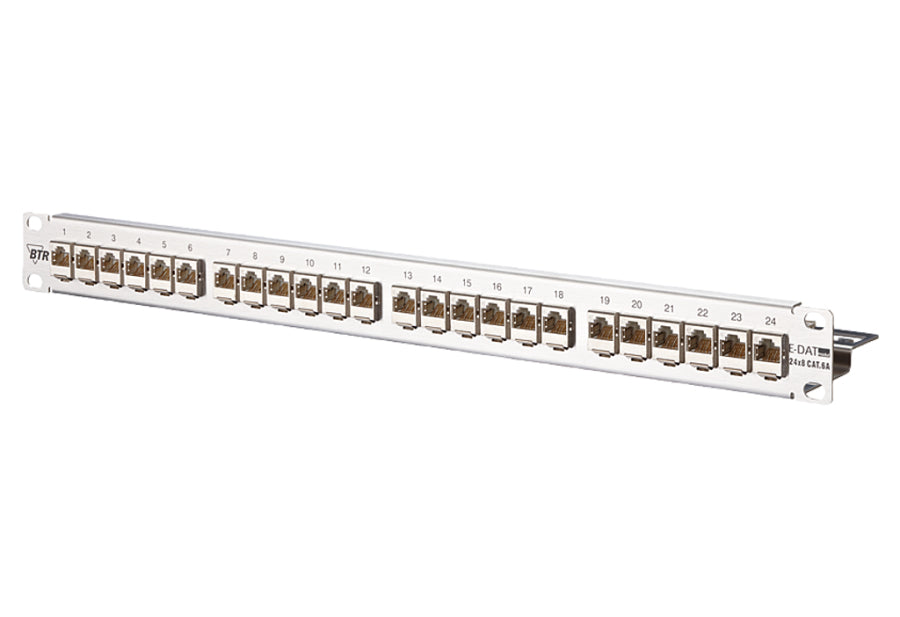 METZ CONNECT Rangierpanel 19", 1U, 24×E-DAT Cat.6A (Klasse EA), geschirmt, modular – silberfarben