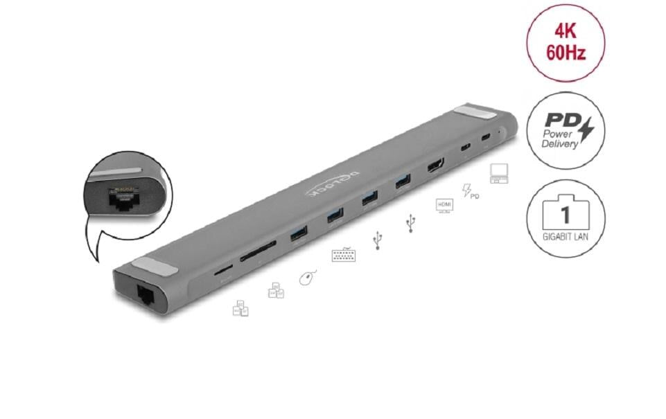 DeLOCK 87895 Dockingstation – USB-C, 1× HDMI, 4× USB-A, 1× USB-C, 85 W PD, GbE, SD/microSD, für Windows/Mac