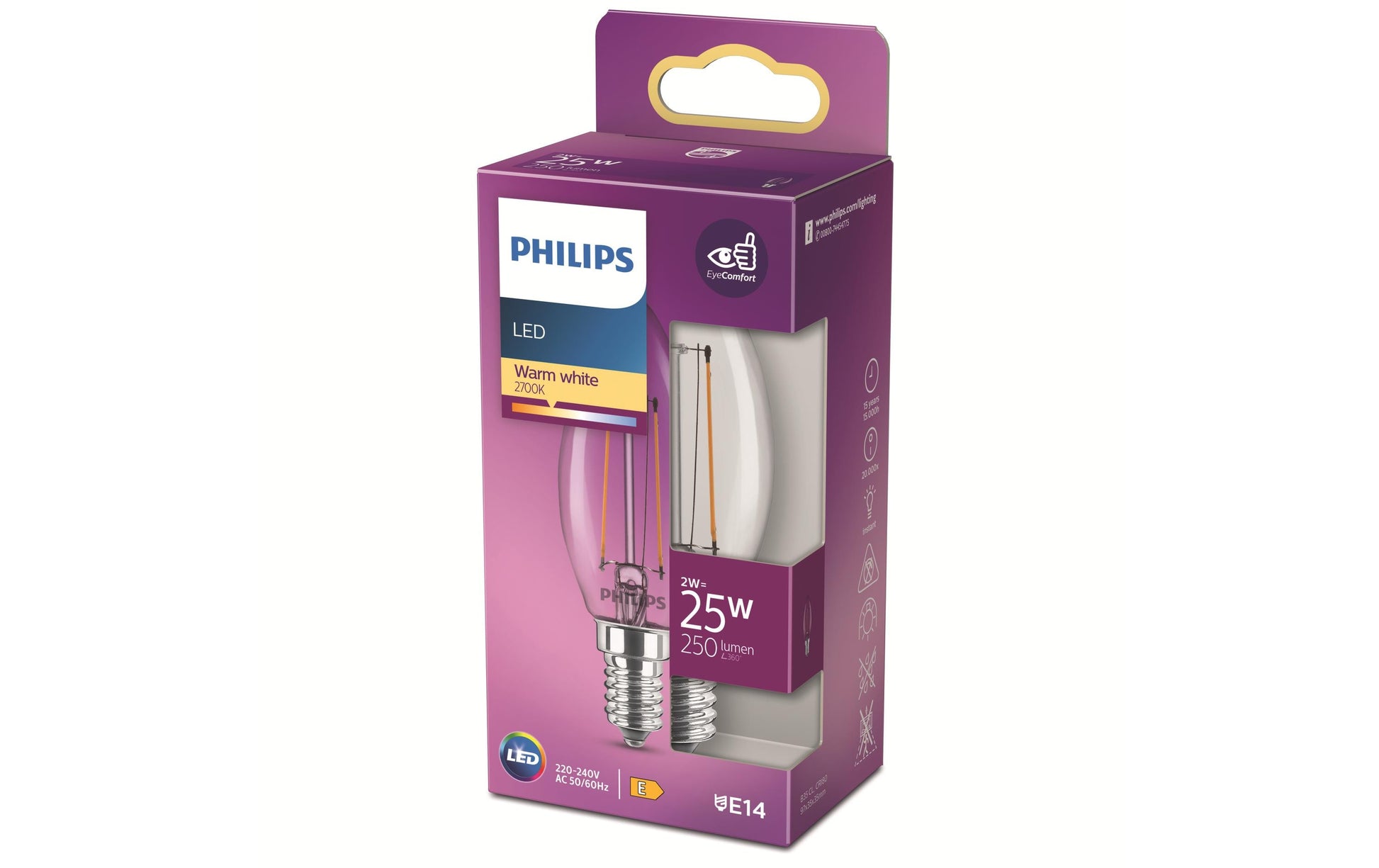 Philips by Signify Philips LED-Leuchtmittel E14 B35 – 250 lm, 2 W, Warmweiss 2700 K – 1 Stk., Klar