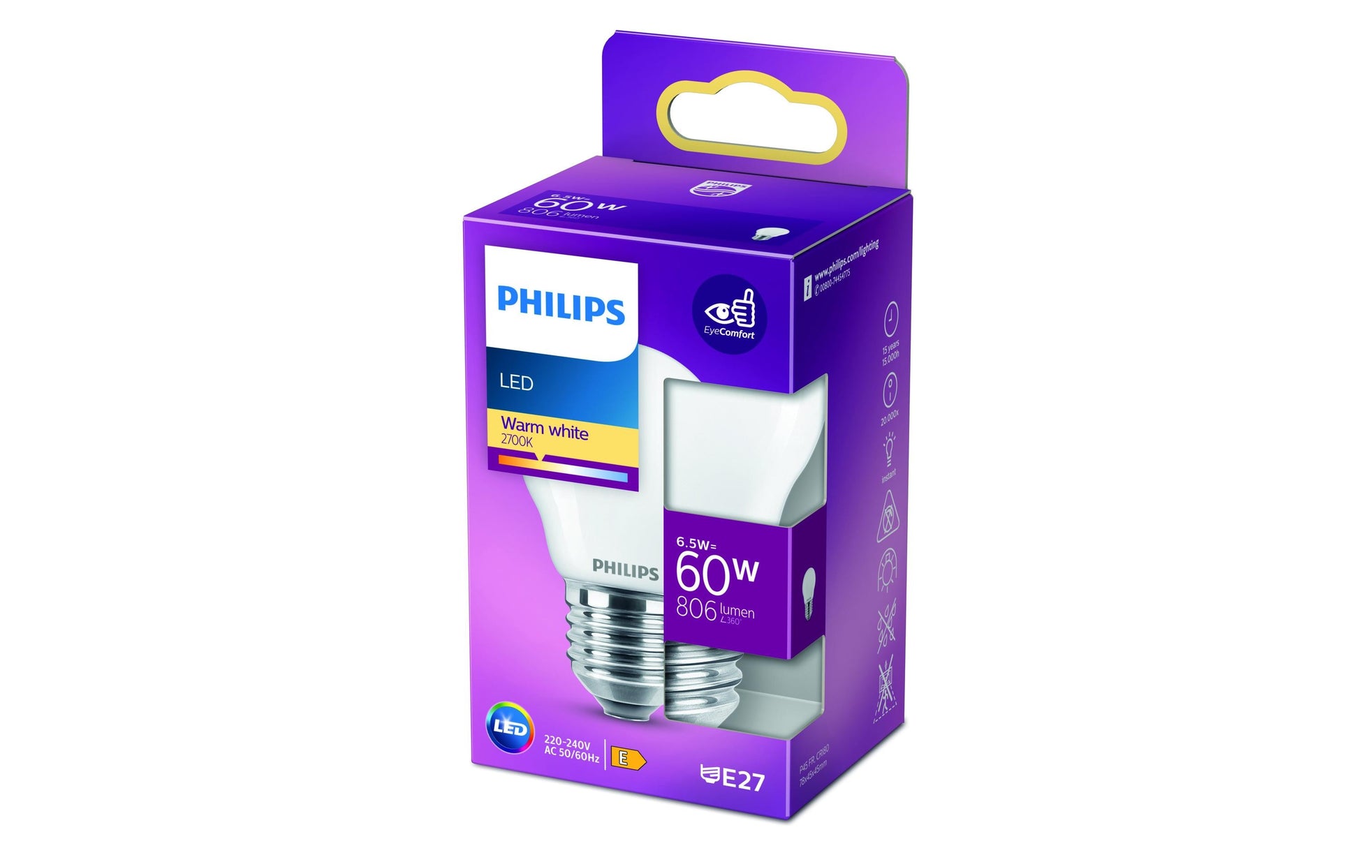 Philips by Signify Philips Leuchtmittel E27 P45 – Warmweiss 2700 K, 806 lm, 6,5 W – IP20 – 1 Stk. – Weiss, Glas – LED classic