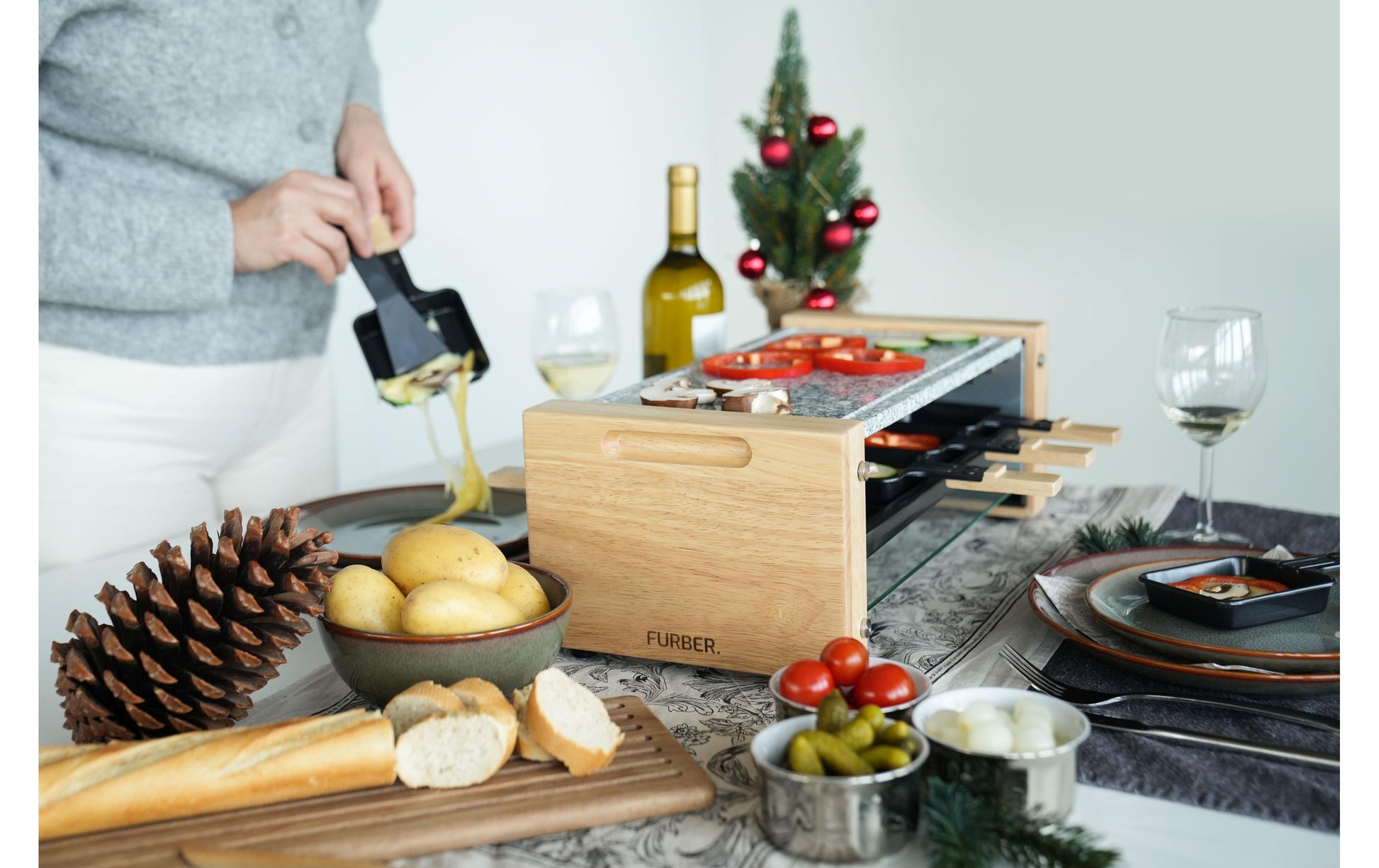 Furber. Furber Raclette-Grill Festa F00793 – 2 Personen, 350 W, Stein-Grillplatte – Schwarz/Marmor/Holz