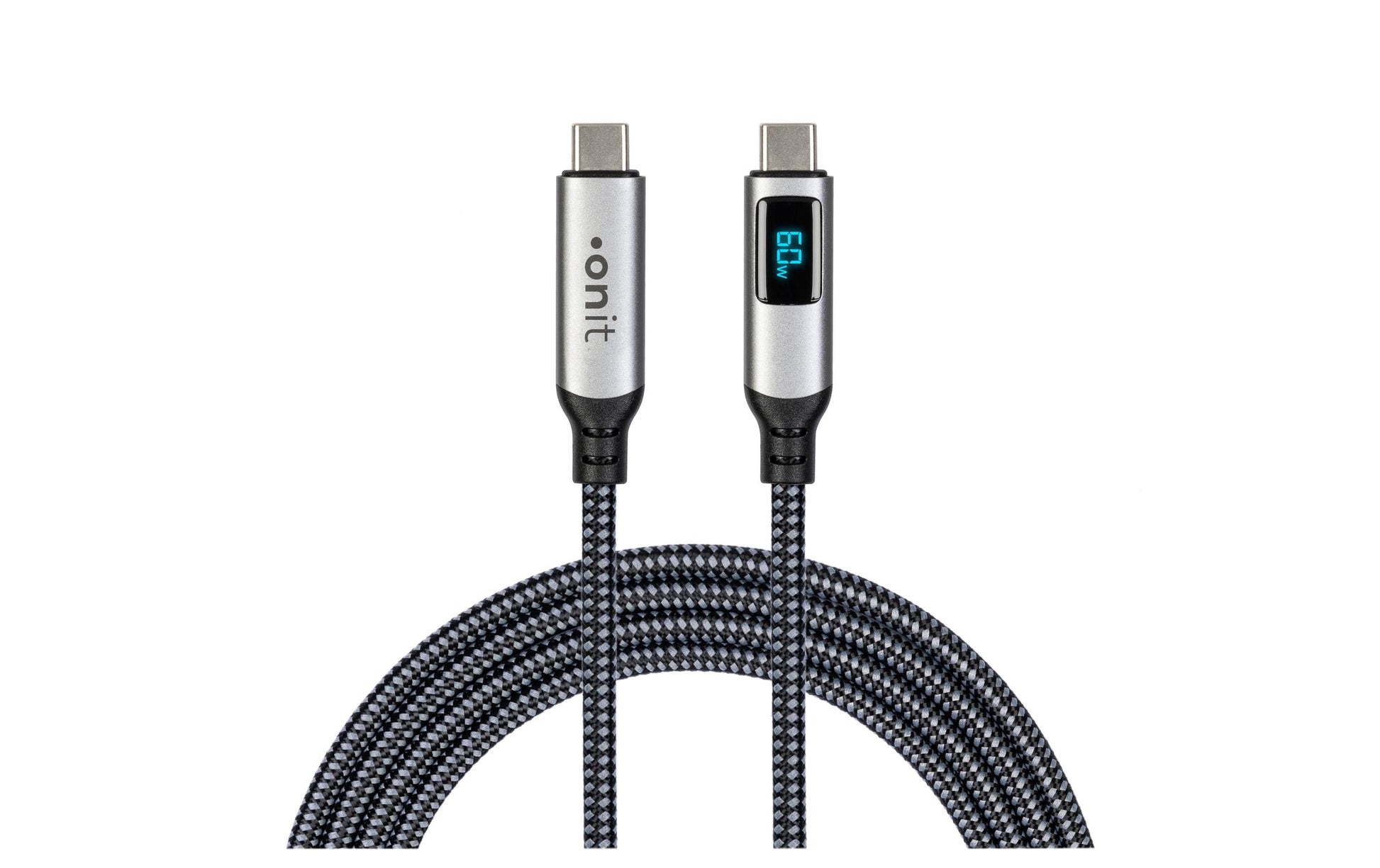 ONIT USB-C auf USB-C Kabel – USB4 20 Gbit/s – 3 m – PD 60 W – Textilmantel, LED-Display – Schwarz/Grau