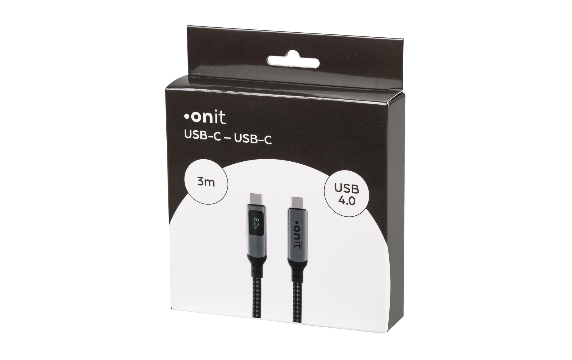 ONIT USB-C auf USB-C Kabel – USB4 20 Gbit/s – 3 m – PD 60 W – Textilmantel, LED-Display – Schwarz/Grau