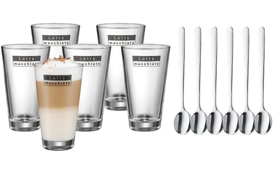 WMF Latte Macchiato Becher – 6er Set, 280 ml, H 15,0 cm, Glas, Transparent, spülmaschinenfest, inkl. Löffel