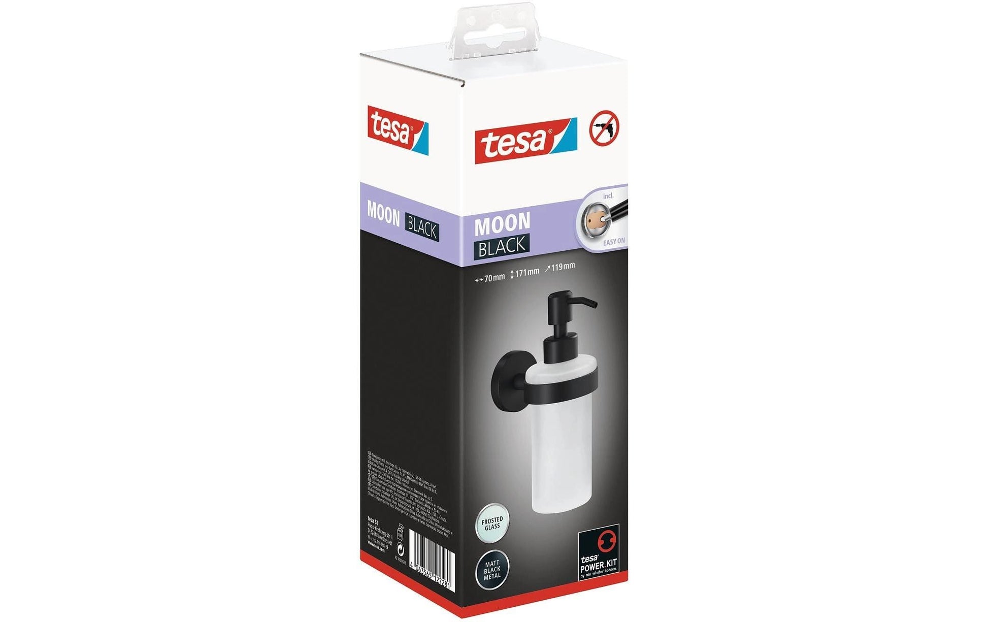 Tesa MOON BLACK Manueller Seifenspender – Wandmontage – 200 ml, schwarz, Glas, Metall