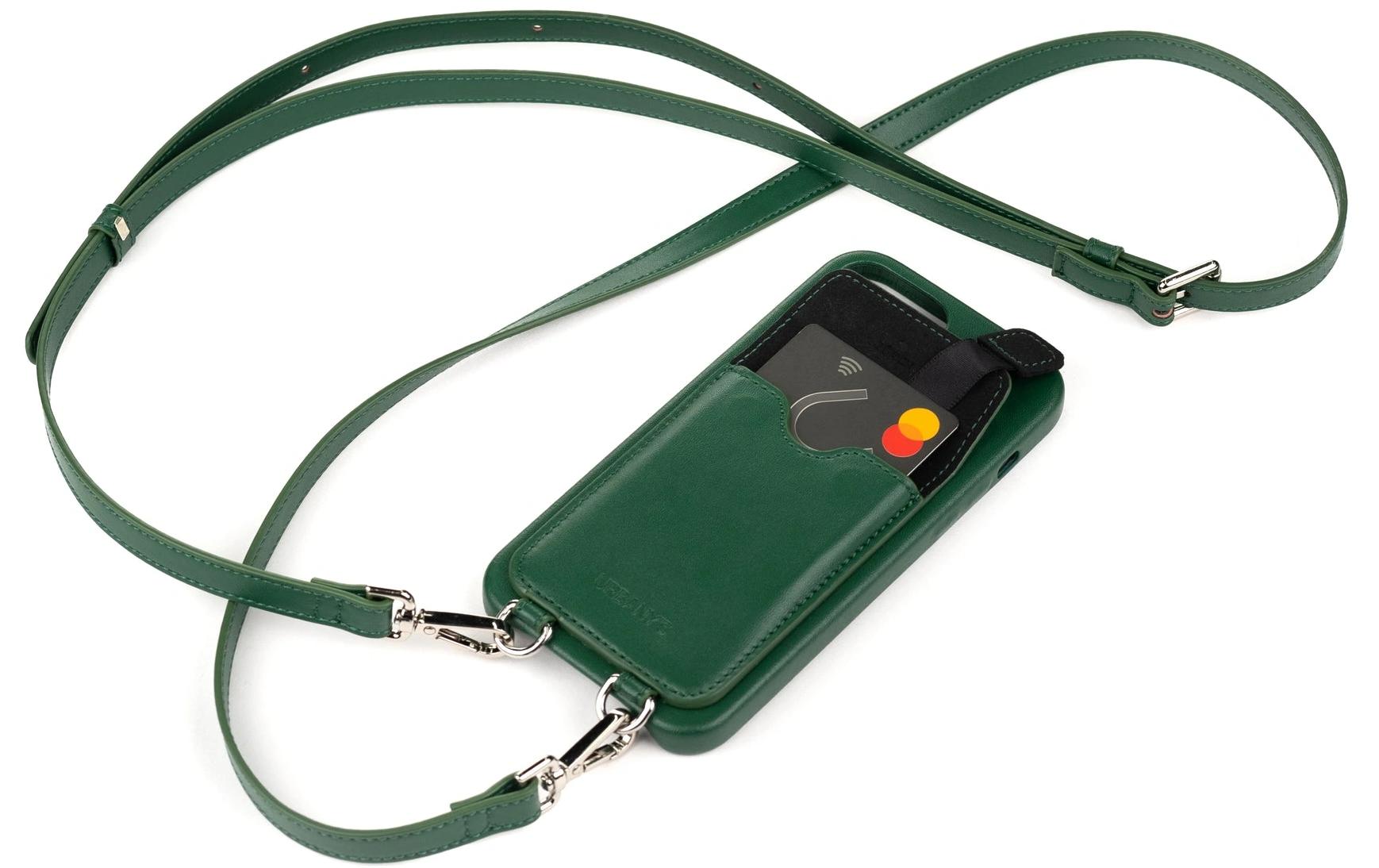 Urbany's Necklace-Hülle – für Apple iPhone 15 – Grün – Kunstleder, mit Kartenfach