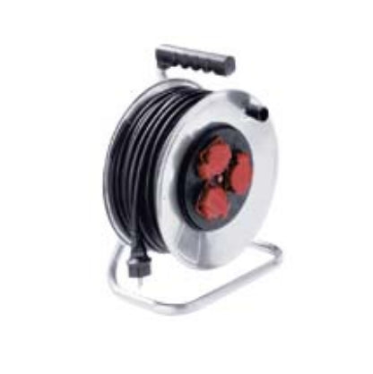 Bachmann Kabelrolle, 40 m, 3×T13, IP44, H07RN‑F 3G1,5 mm, Thermoschutzschalter – Schwarz/Silber
