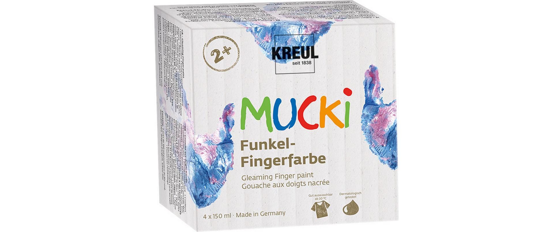 KREUL MUCKI Fingerfarben – Blau/Gold/Rosa/Silber, Glitter – 4×150 ml (600 ml) – für Papier, Holz, Glas