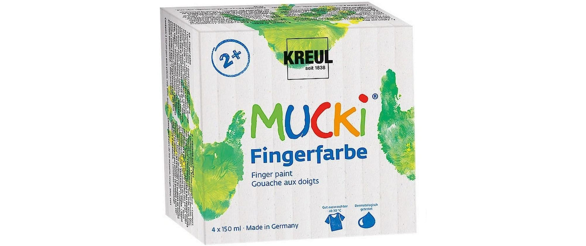 KREUL MUCKI Fingerfarben – 4 Farben (Blau, Grün, Rot, Gelb) – 4×150 ml (600 ml) – für Papier, Holz, Glas
