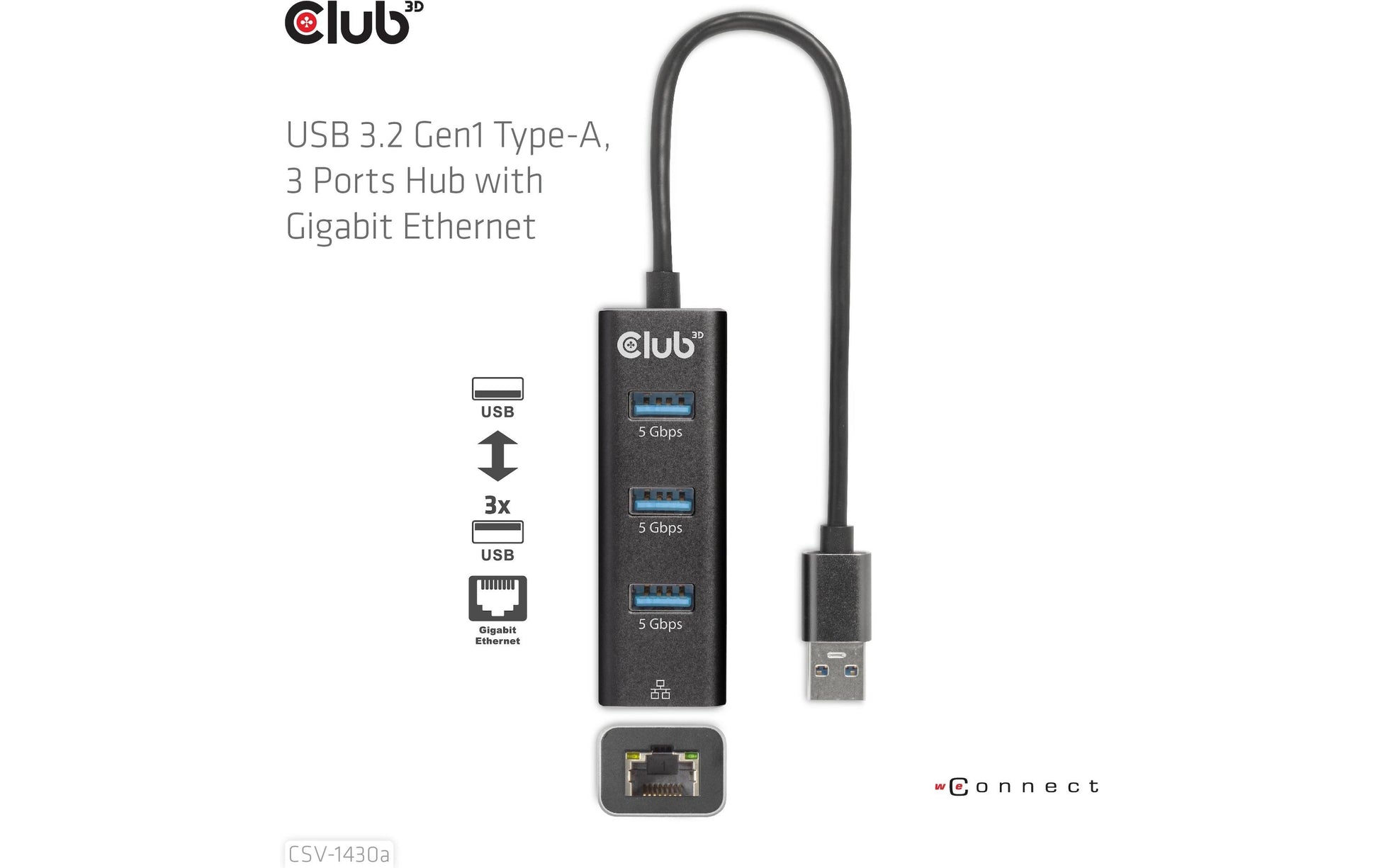 CLUB3D Club 3D CSV-1430a USB-Hub – USB 3.2 Gen 1, 3× USB-A, GbE
