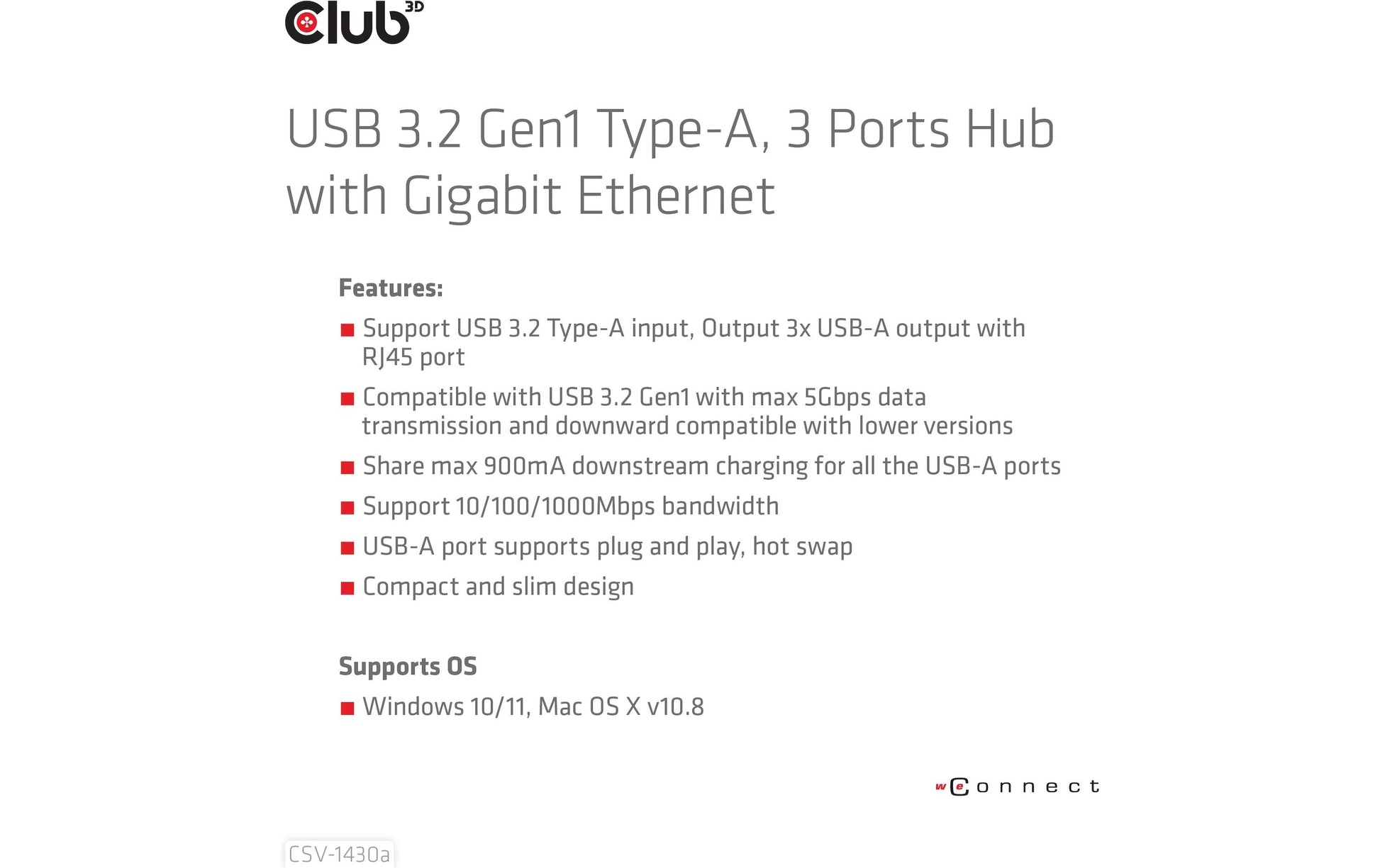 CLUB3D Club 3D CSV-1430a USB-Hub – USB 3.2 Gen 1, 3× USB-A, GbE