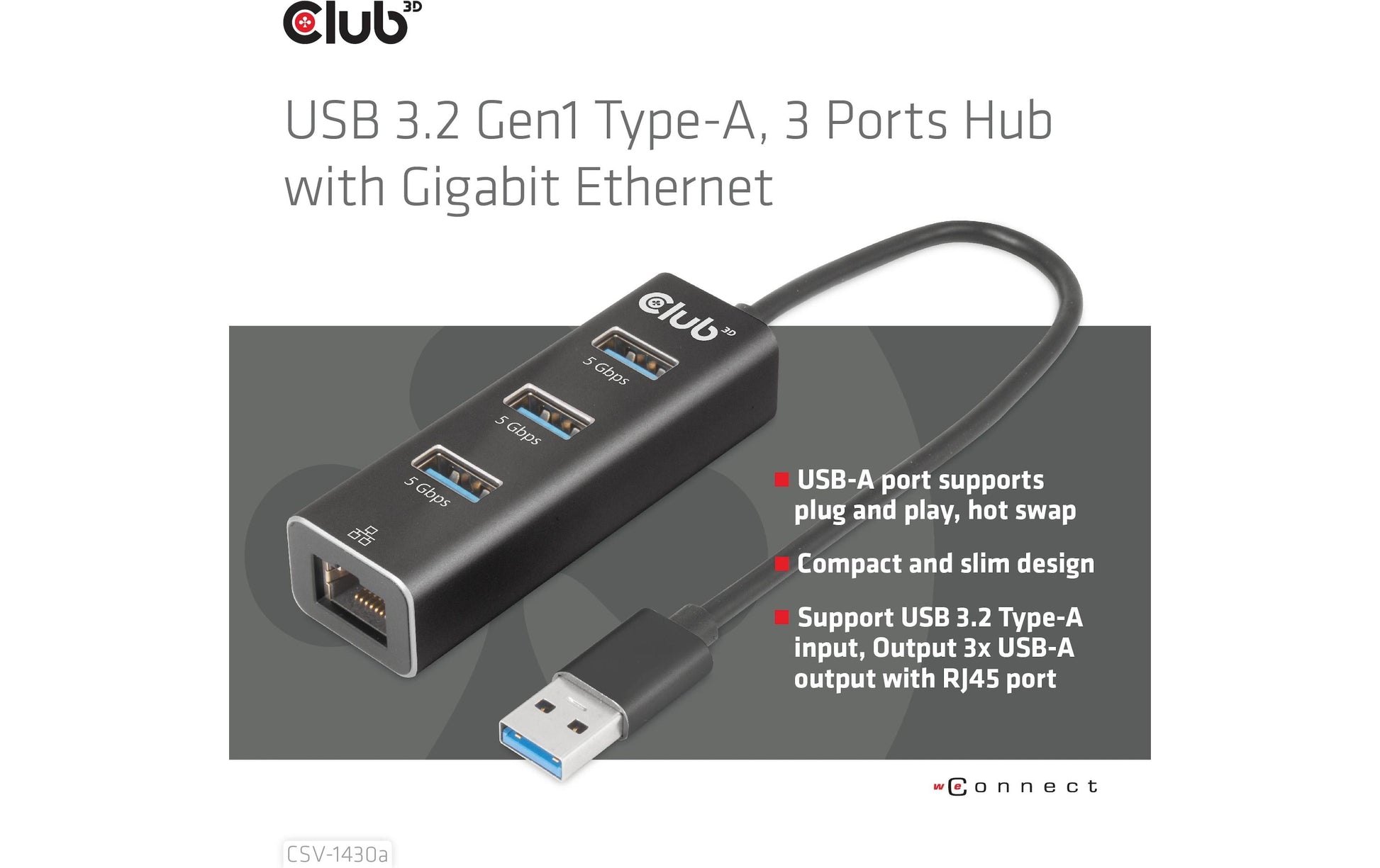 CLUB3D Club 3D CSV-1430a USB-Hub – USB 3.2 Gen 1, 3× USB-A, GbE