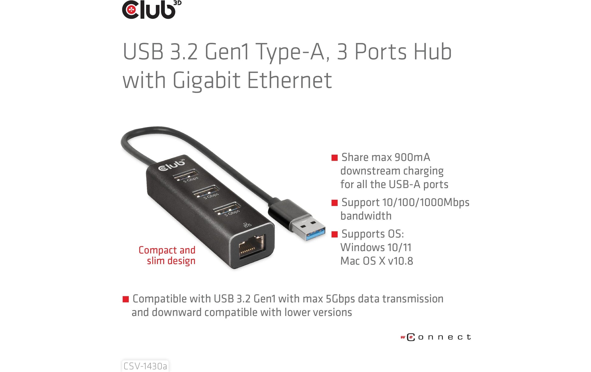 CLUB3D Club 3D CSV-1430a USB-Hub – USB 3.2 Gen 1, 3× USB-A, GbE