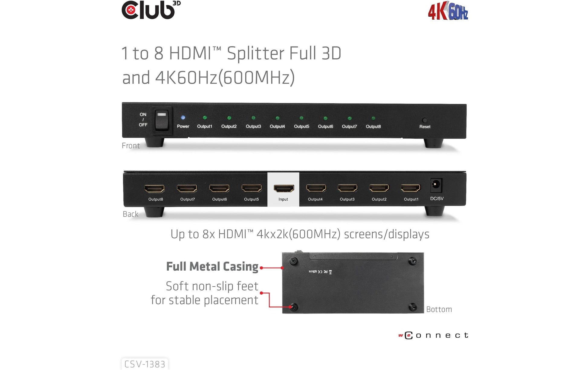 CLUB3D Club 3D – HDMI-Splitter 1×8, externes Netzteil, passiv
