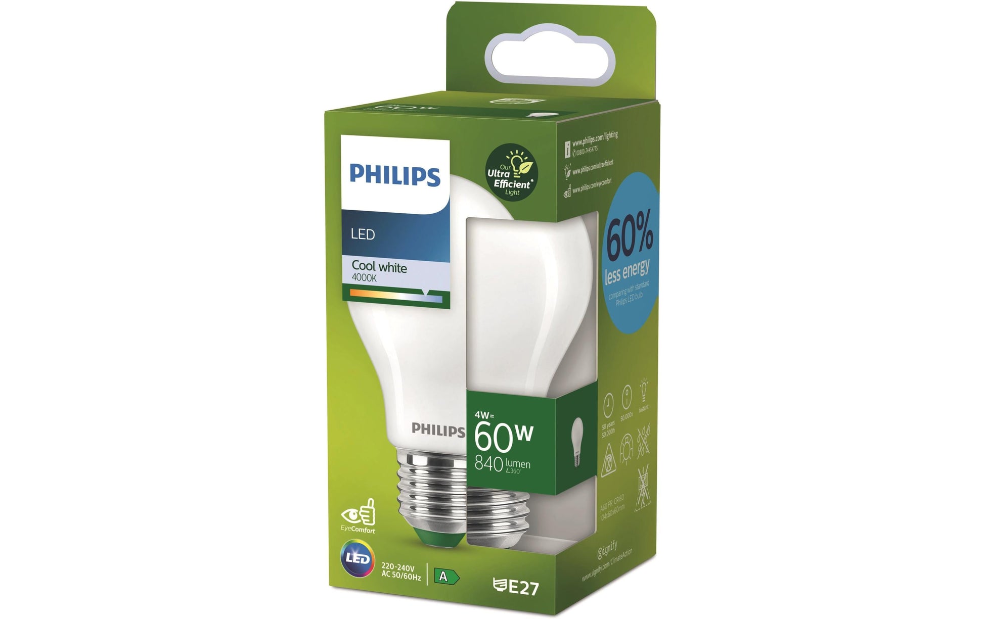 Philips by Signify Philips LED-Leuchtmittel E27 A-Form – Neutralweiss 4000 K, 840 lm, 4 W – 1 Stk., Weiss, Glas