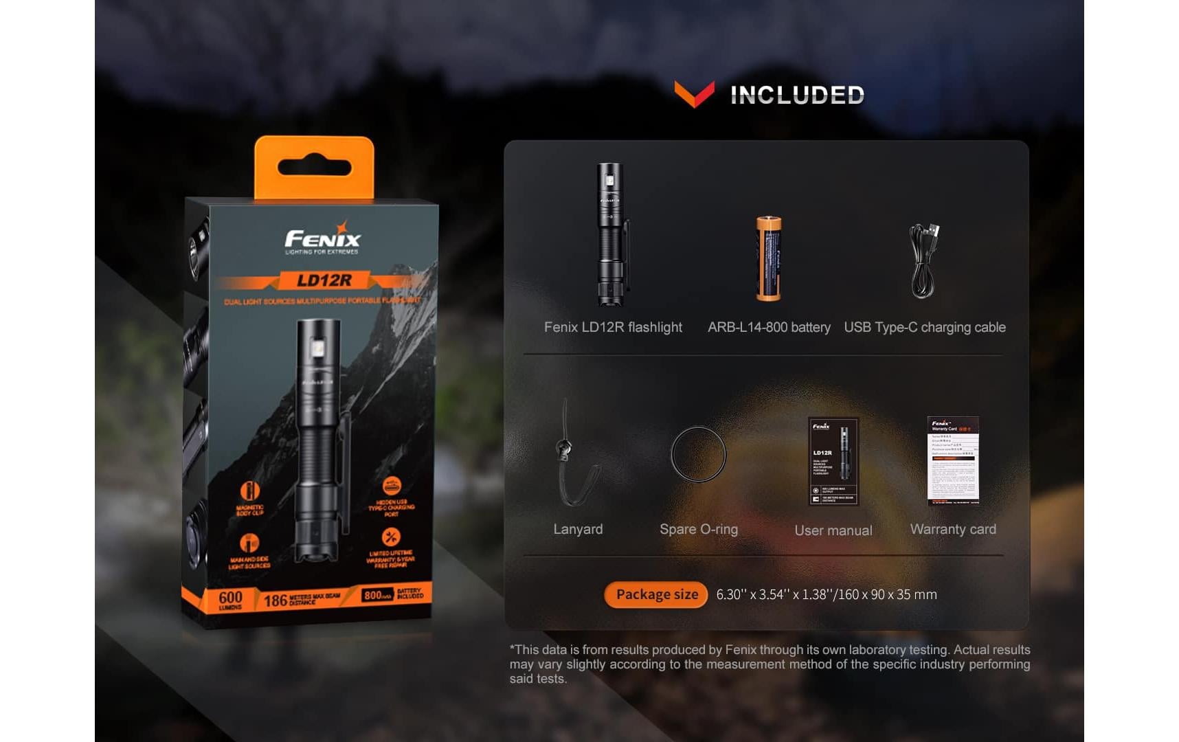 Fenix Taschenlampe LD12R – 600 lm, 186 m, IP68, Akkubetrieb, USB, 2 Stufen – Schwarz