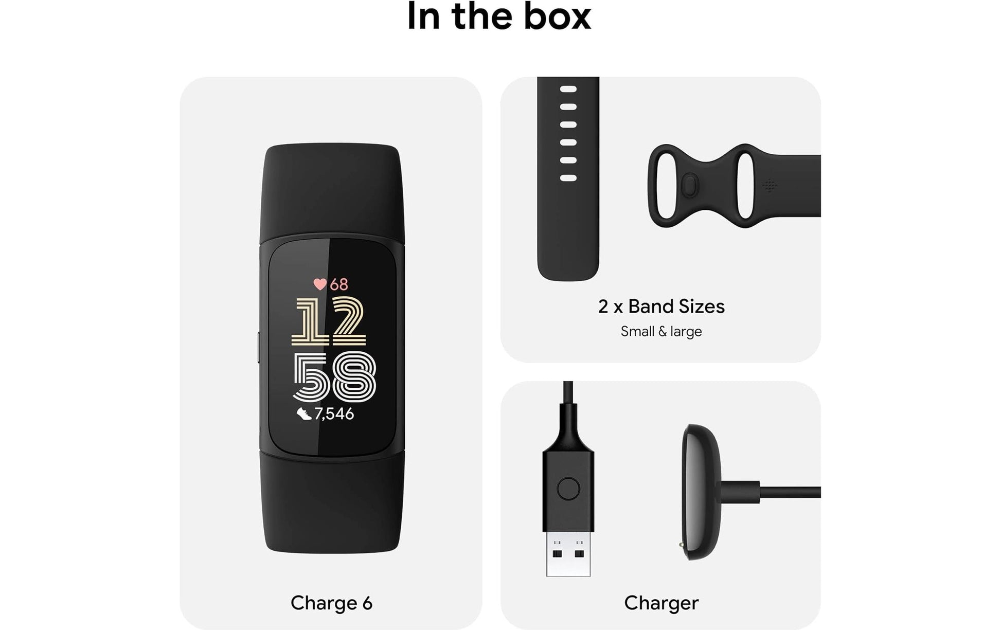 Fitbit Charge 6 – Smartwatch – 18,5 mm, GPS, AMOLED, 5 ATM, Schwarz, S/L, Sportarmband