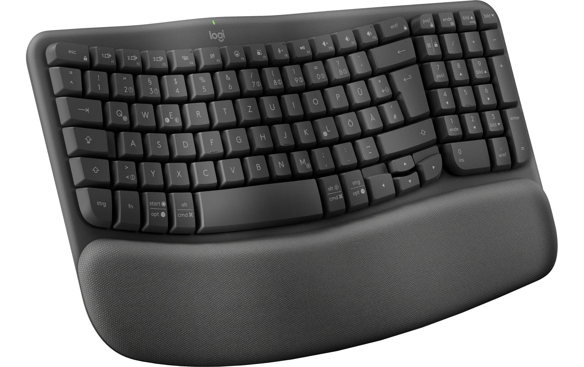 Logitech Wave Keys Ergonomisch – Tastatur, Kabellos (Bluetooth/2,4 GHz), CH-Layout (DE-CH), Ergonomisch, Grau