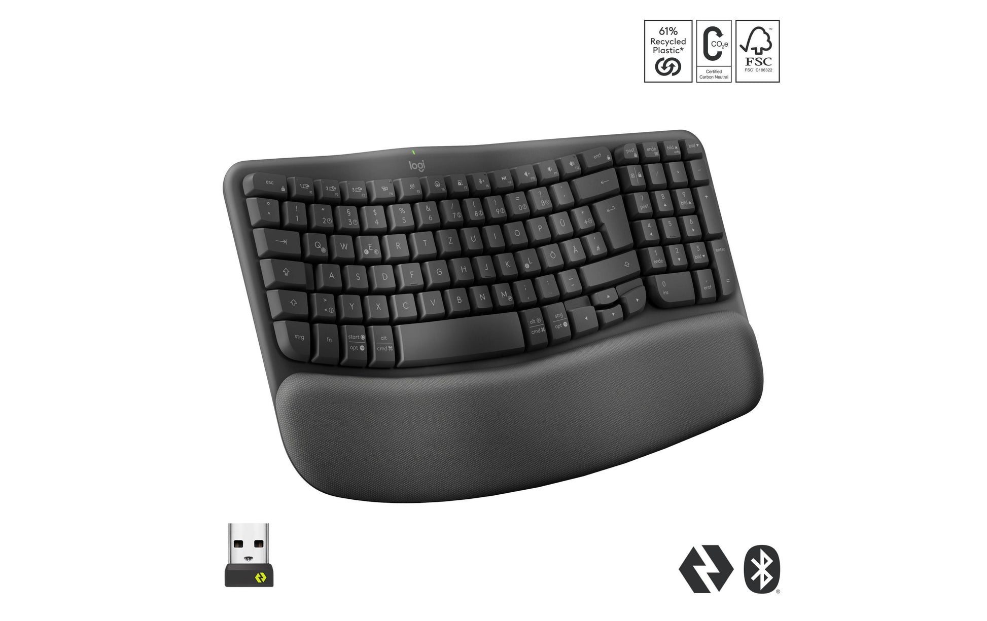 Logitech Wave Keys Ergonomisch – Tastatur, Kabellos (Bluetooth/2,4 GHz), CH-Layout (DE-CH), Ergonomisch, Grau