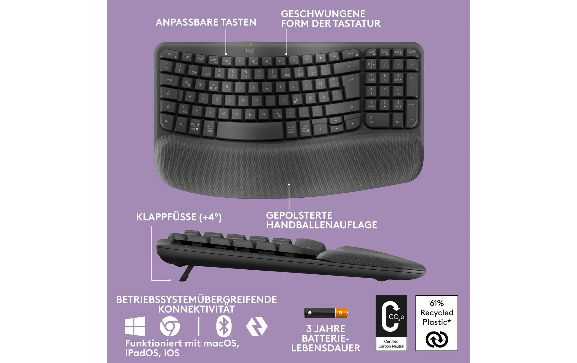 Logitech Wave Keys Ergonomisch – Tastatur, Kabellos (Bluetooth/2,4 GHz), CH-Layout (DE-CH), Ergonomisch, Grau