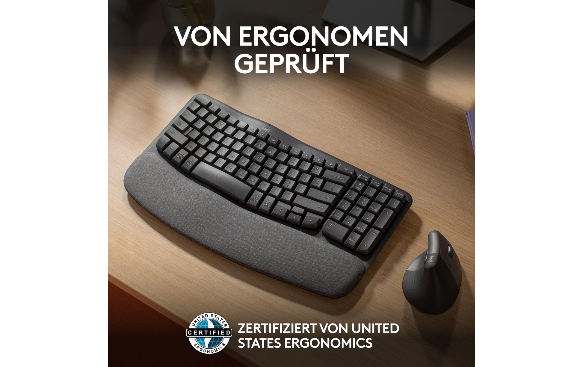 Logitech Wave Keys Ergonomisch – Tastatur, Kabellos (Bluetooth/2,4 GHz), CH-Layout (DE-CH), Ergonomisch, Grau