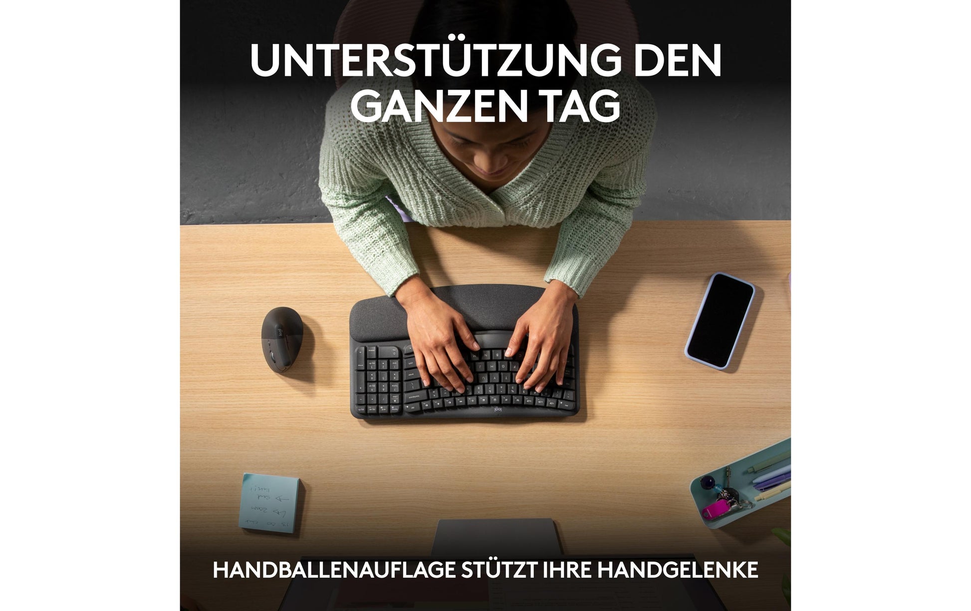 Logitech Wave Keys Ergonomisch – Tastatur, Kabellos (Bluetooth/2,4 GHz), CH-Layout (DE-CH), Ergonomisch, Grau