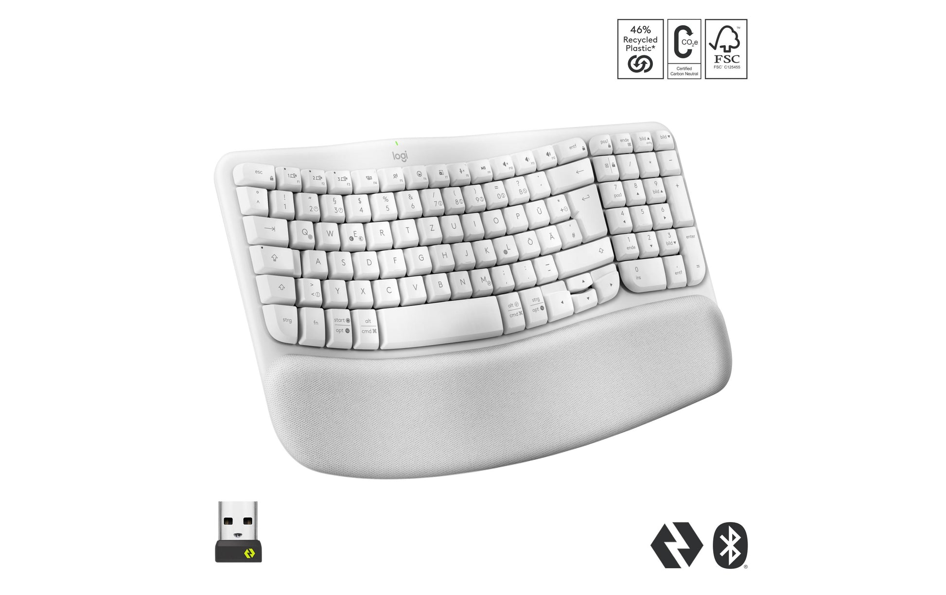 Logitech Central-419 – Tastatur, kabellos (Bluetooth/2,4 GHz), CH-Layout (DE-CH), ergonomisch, Weiss