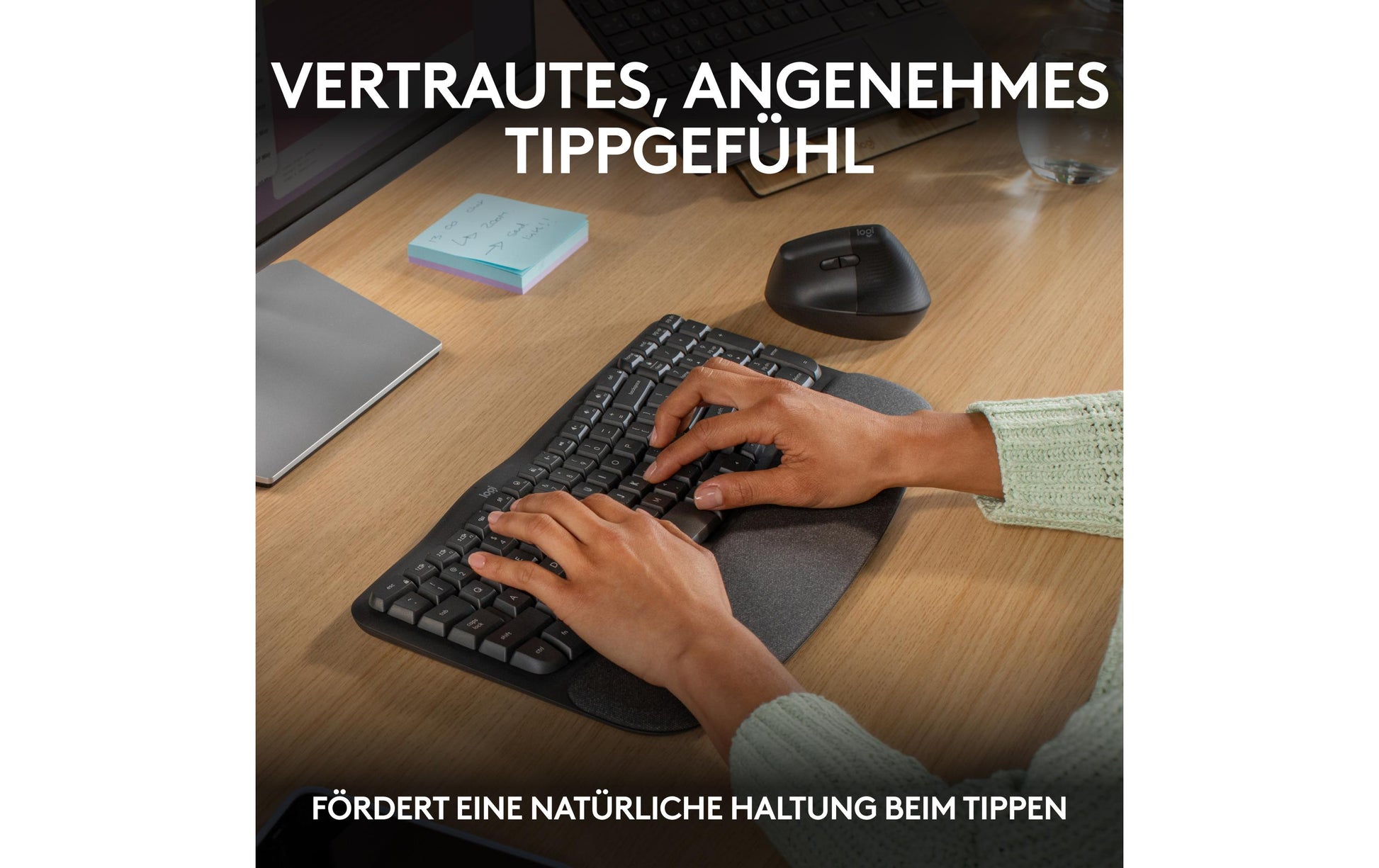 Logitech Wave Keys Ergonomisch – Tastatur, Kabellos (Bluetooth/2,4 GHz), CH-Layout (DE-CH), Ergonomisch, Grau